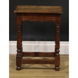 A 19th century oak joint stool, oversailing top above a moulded frieze, turned legs, plain