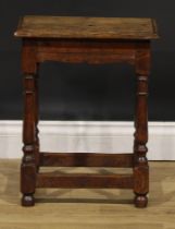 A 19th century oak joint stool, oversailing top above a moulded frieze, turned legs, plain