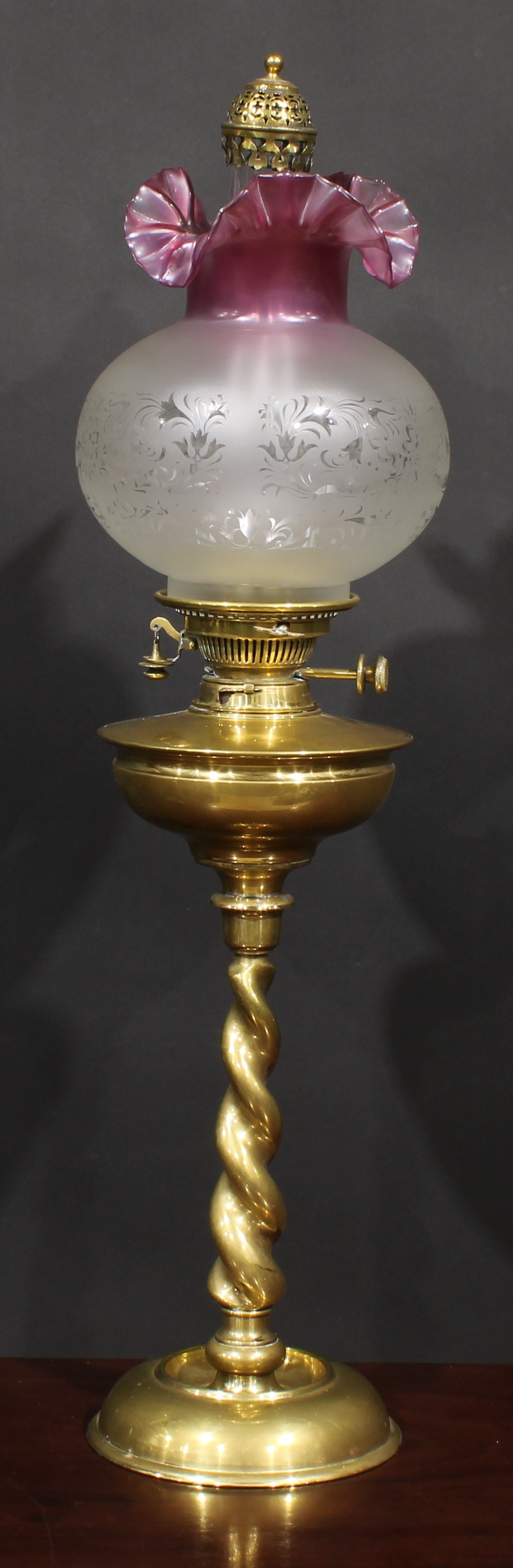 A 19th century brass oil lamp, circular brass font, Hinks's No.2 Duplex twin burner, frosted glass