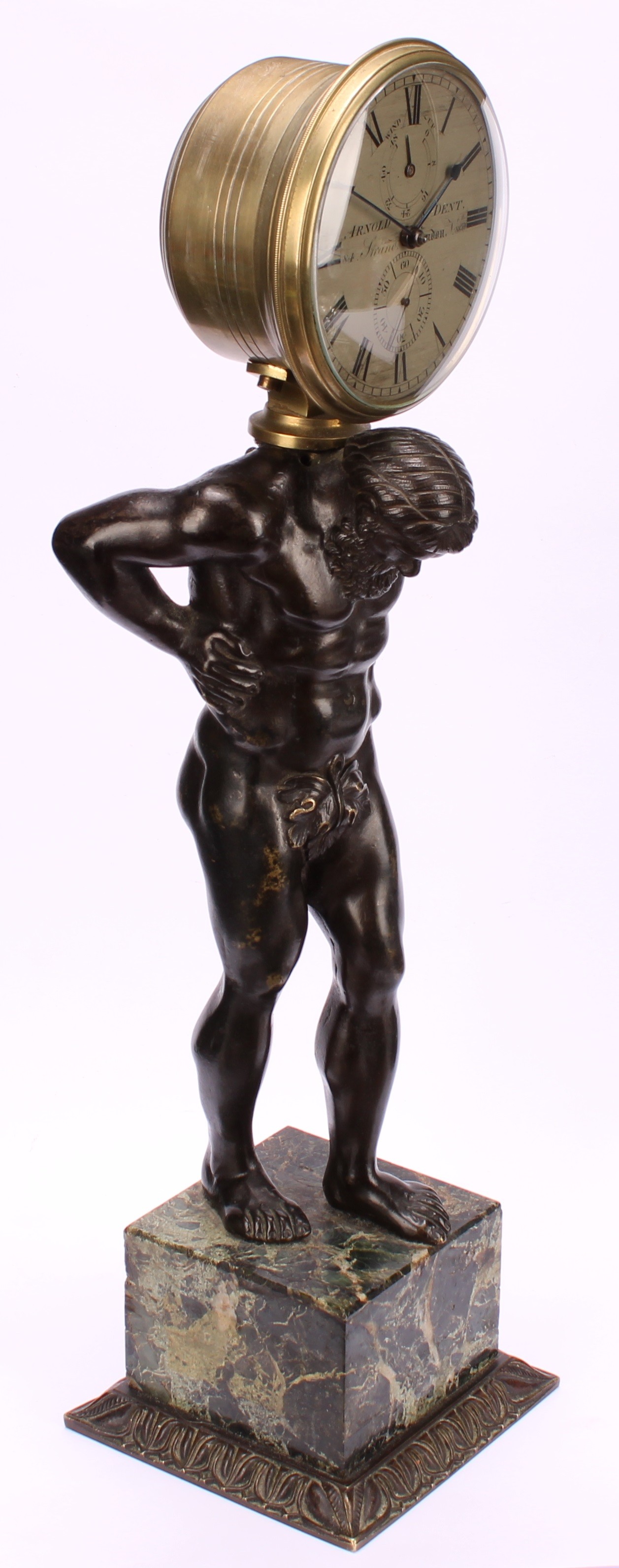 A a dark patinated bronze figural clock, Atlas, Arnold & Dent, 84, Strand London, marble cube base - Image 3 of 4