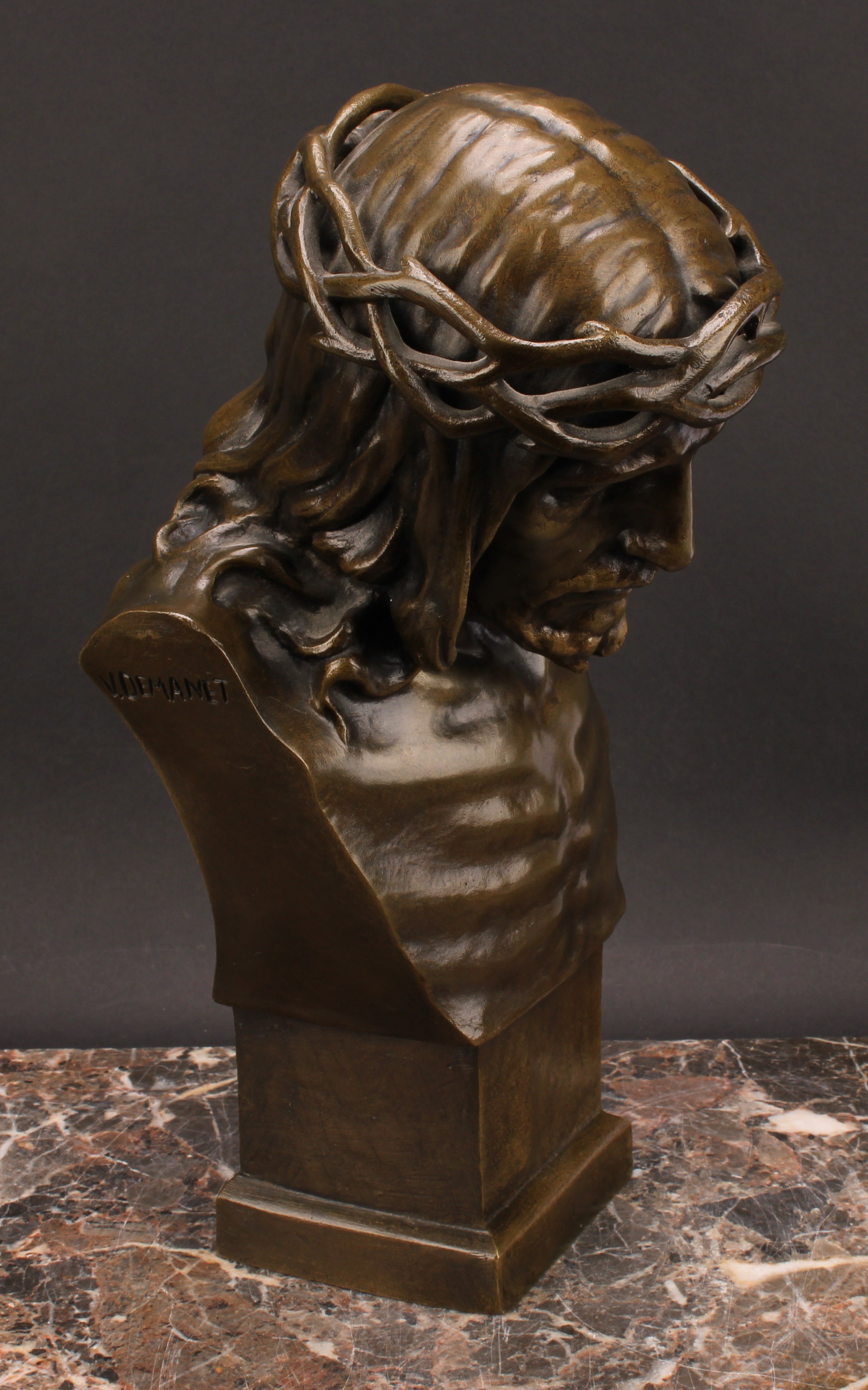 Victor Demanet (1895-1964), a brown patinated bronze, Christ With a Crown of Thorns, signed in the - Image 4 of 6