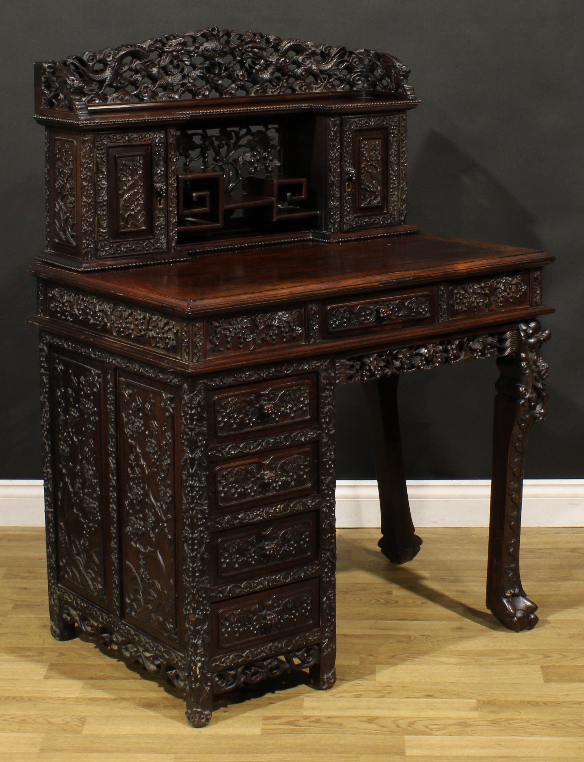 A Chinese export hardwood desk, inverted break-centre superstructure with shaped three-quarter - Image 3 of 5