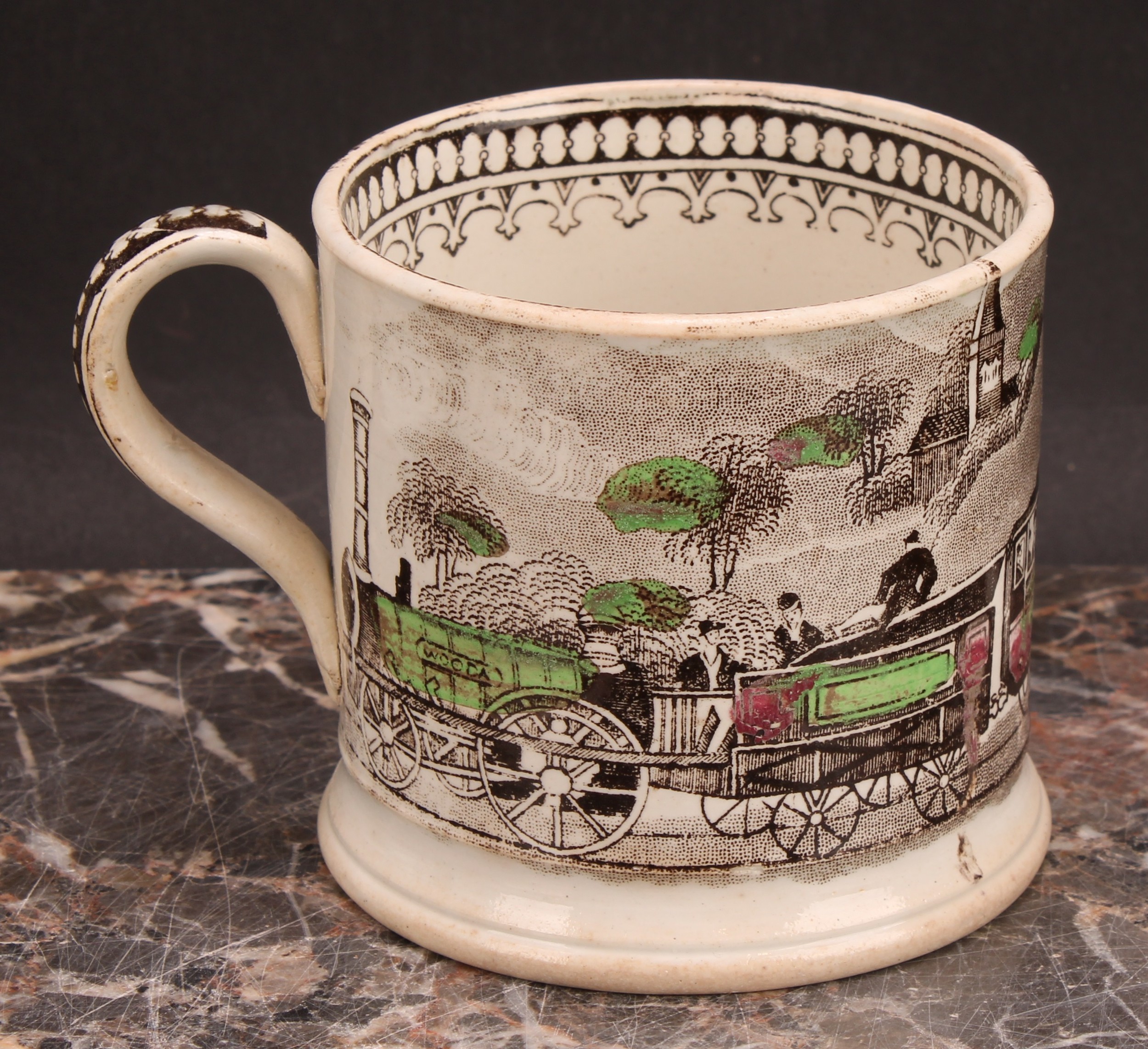 Railway Interest - a 19th century Staffordshire pearlware mug, printed in sepia tones, picked out in - Image 5 of 10