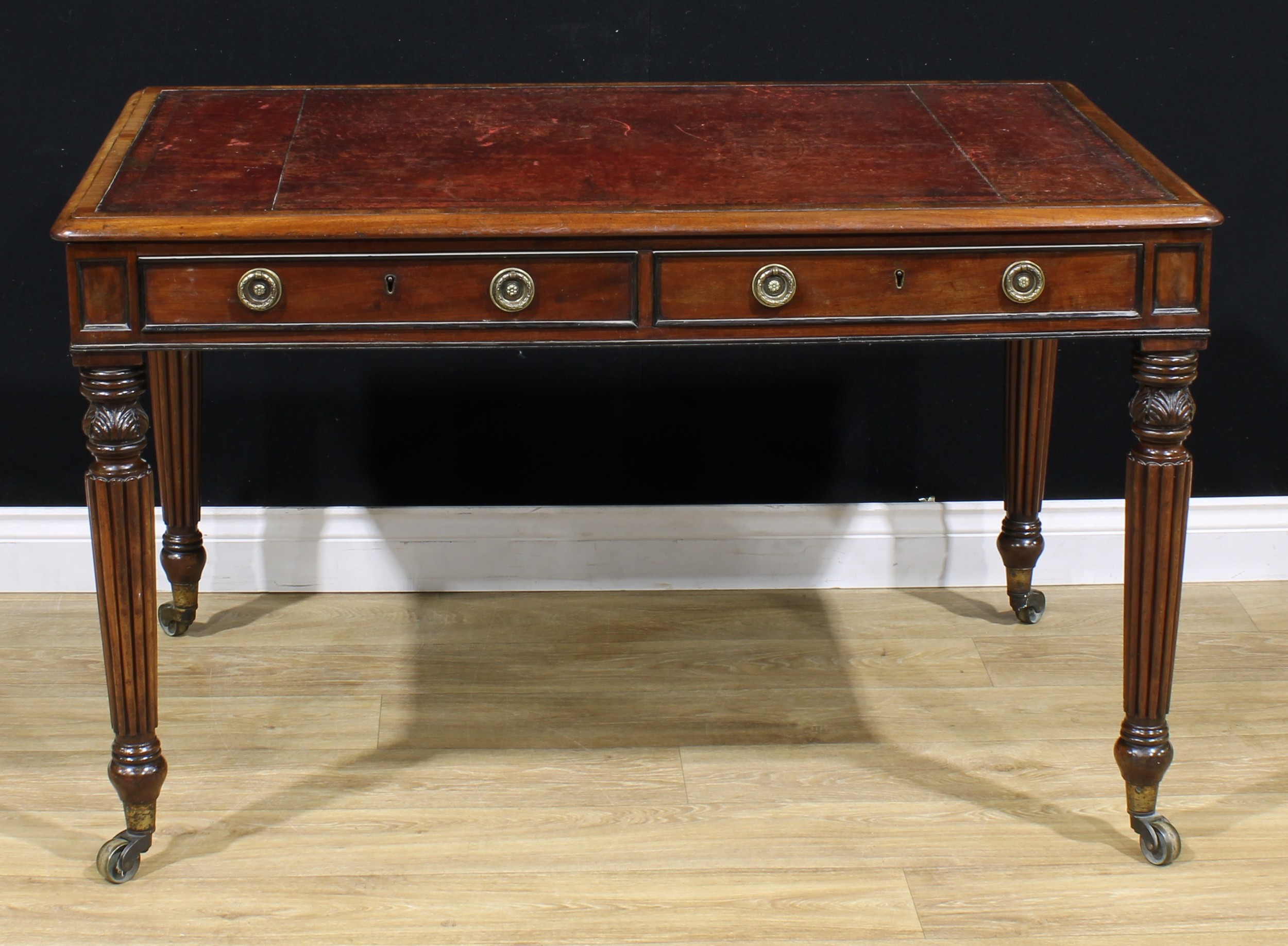 A George IV mahogany room centre library writing table, rounded rectangular top with inset tooled - Image 6 of 6