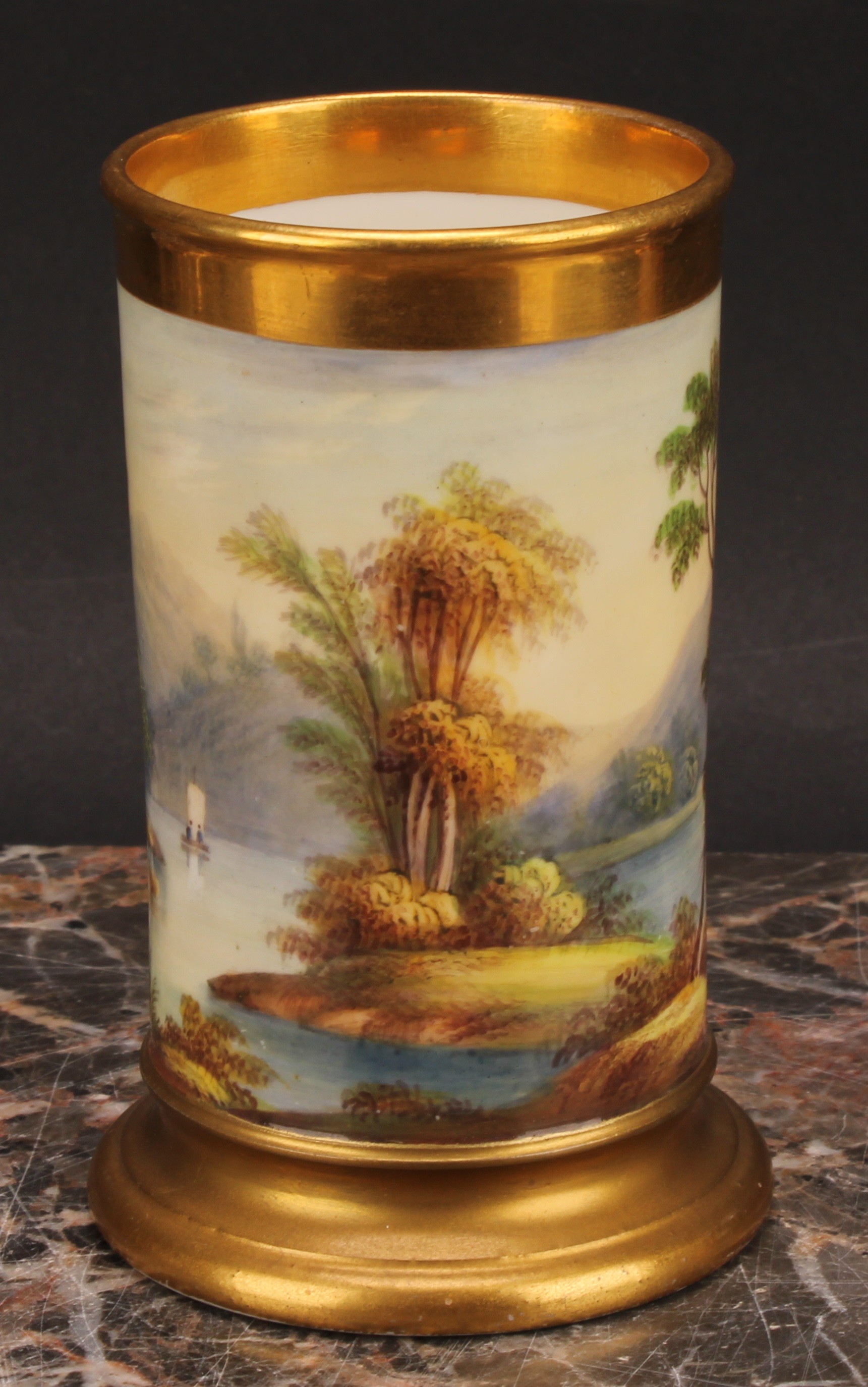 A pair of English porcelain cylindrical spill vases, each painted with a continuous lakeside - Image 5 of 12