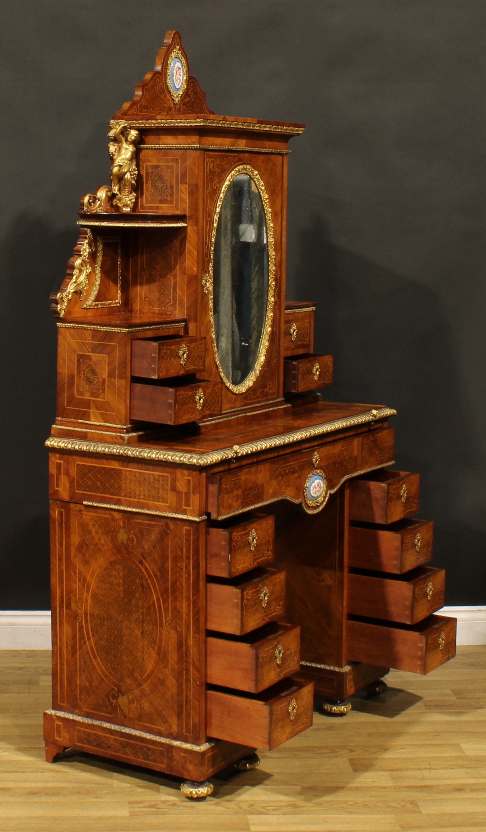 A Louis XV Revival gilt metal and porcelain mounted kingwood and marquetry exhibition-type twin - Image 6 of 7