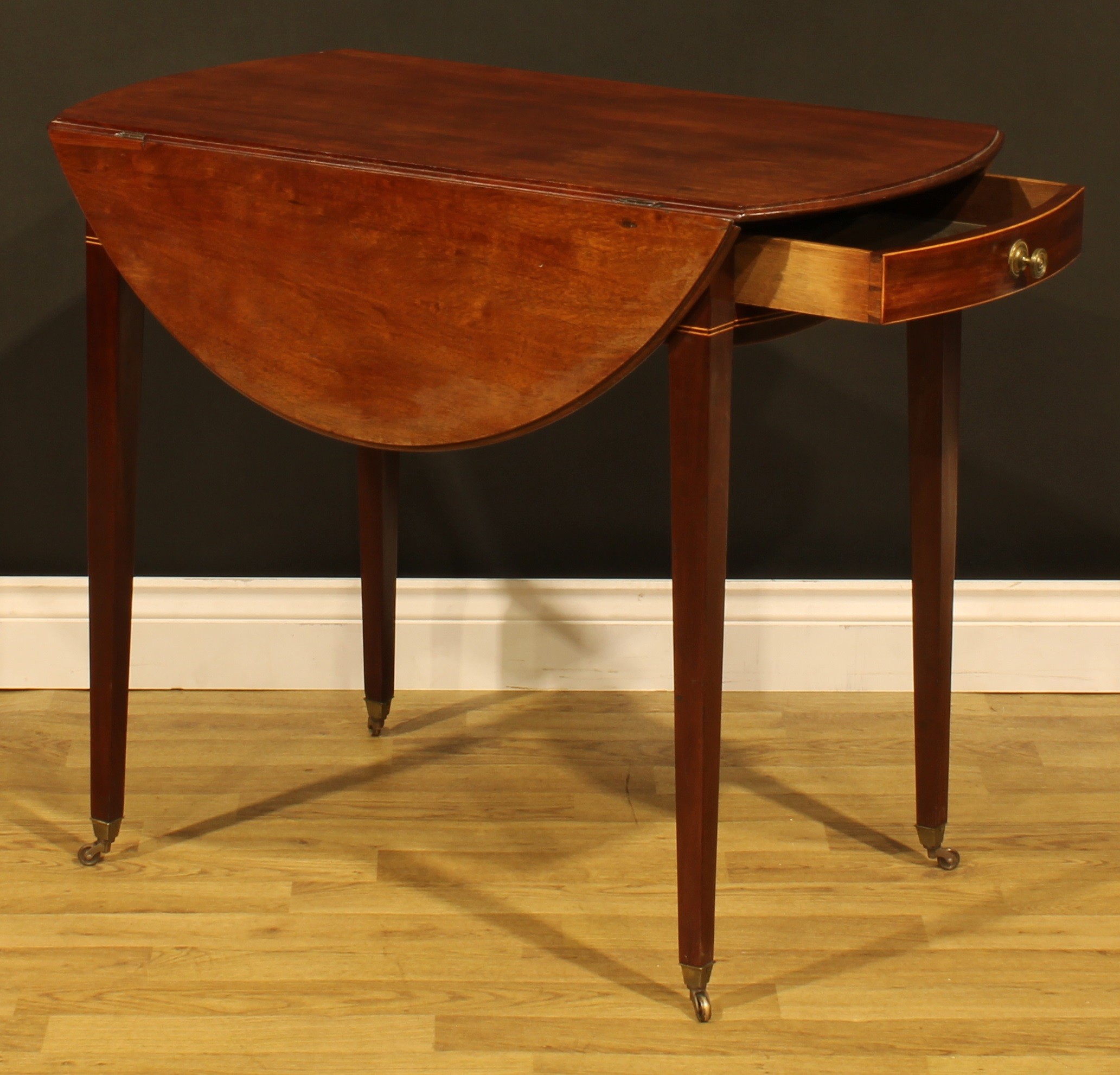 A ‘George III’ mahogany Pembroke table, oval top with fall leaves above a single frieze drawer, - Image 5 of 7