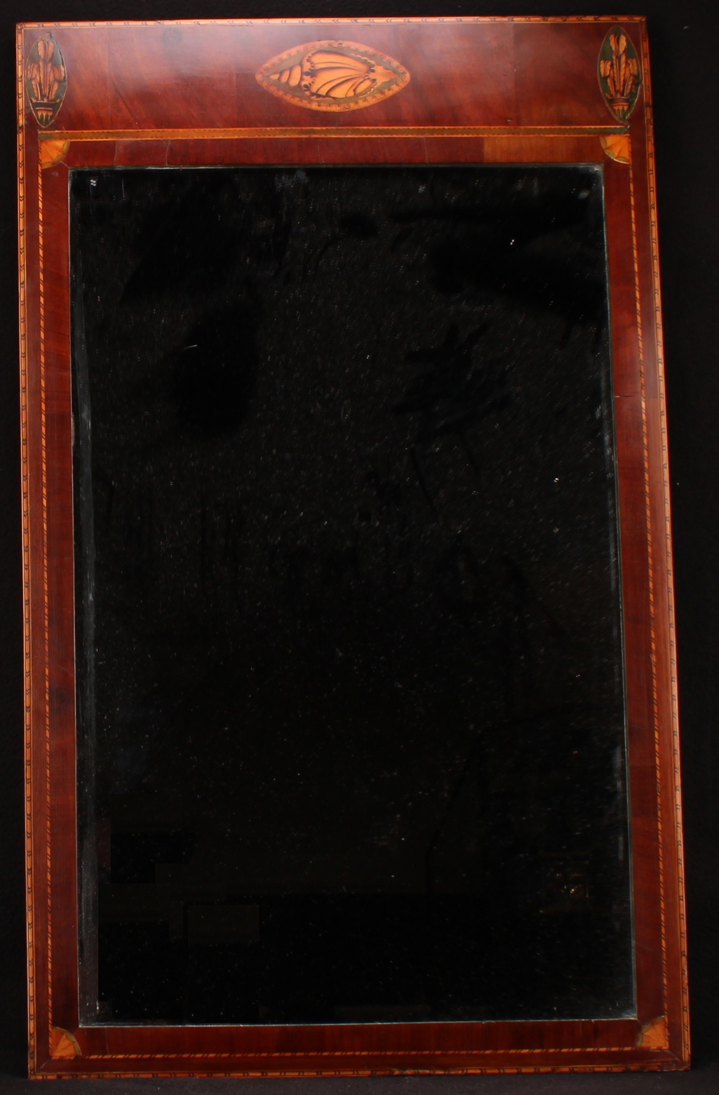 A 19th century mahogany rectangular looking glass, the frieze inlaid with oval shell patera and