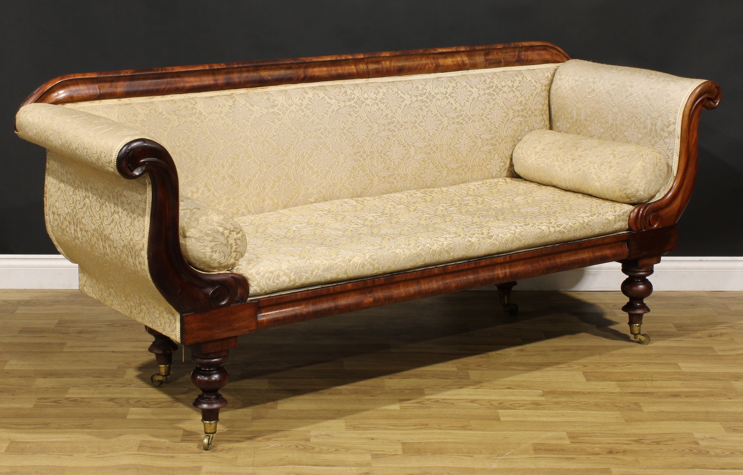 A George/William IV mahogany lyre arm sofa, stuffed-over upholstery, squab cushion, turned legs, - Image 2 of 3