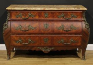 A Louis XV Revival gilt metal mounted kingwood and marquetry bombe commode, marble top above three