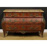 A Louis XV Revival gilt metal mounted kingwood and marquetry bombe commode, marble top above three