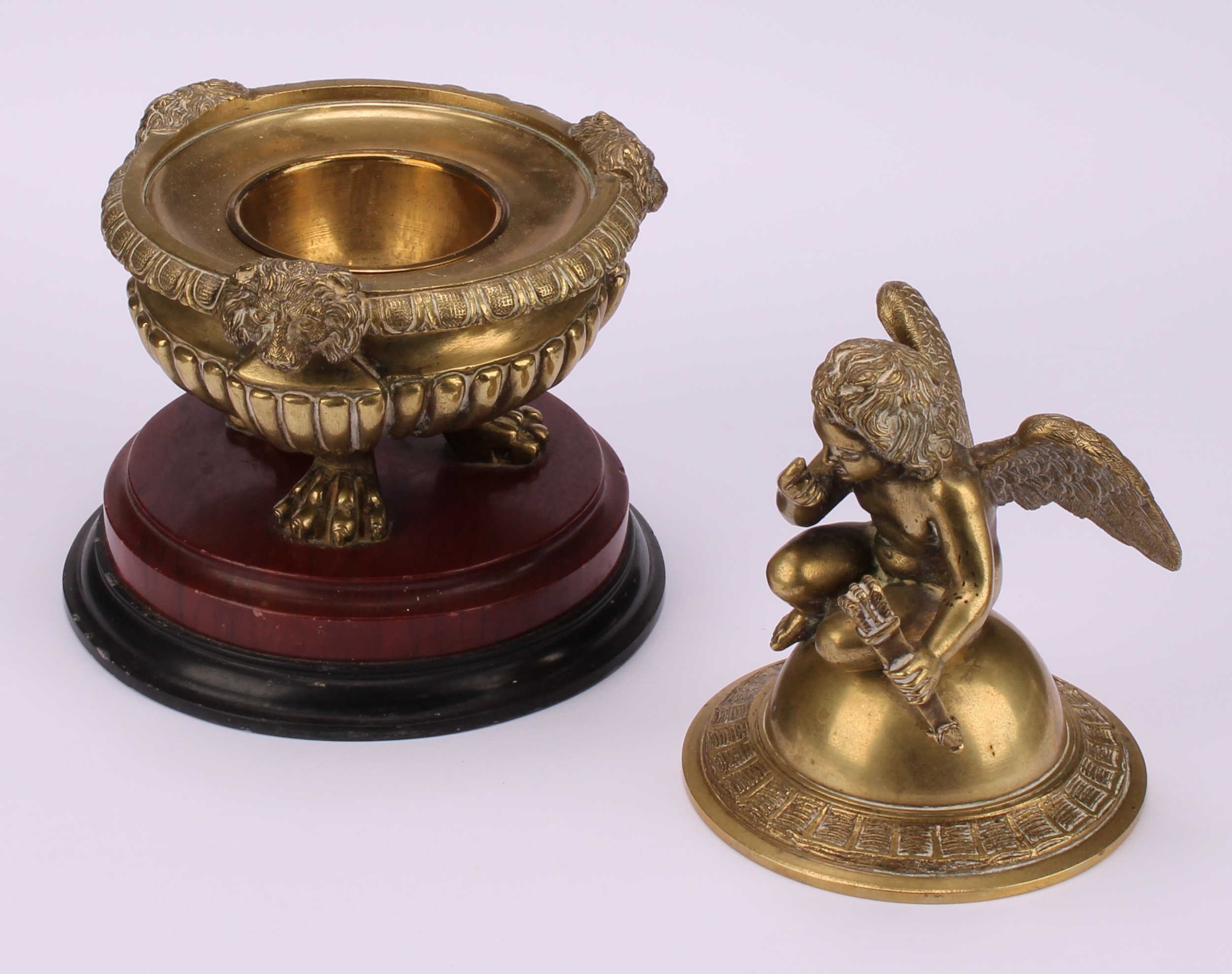 A 19th century post regency stop fluted campana shaped inkwell and cover, cast with a seated - Image 4 of 5