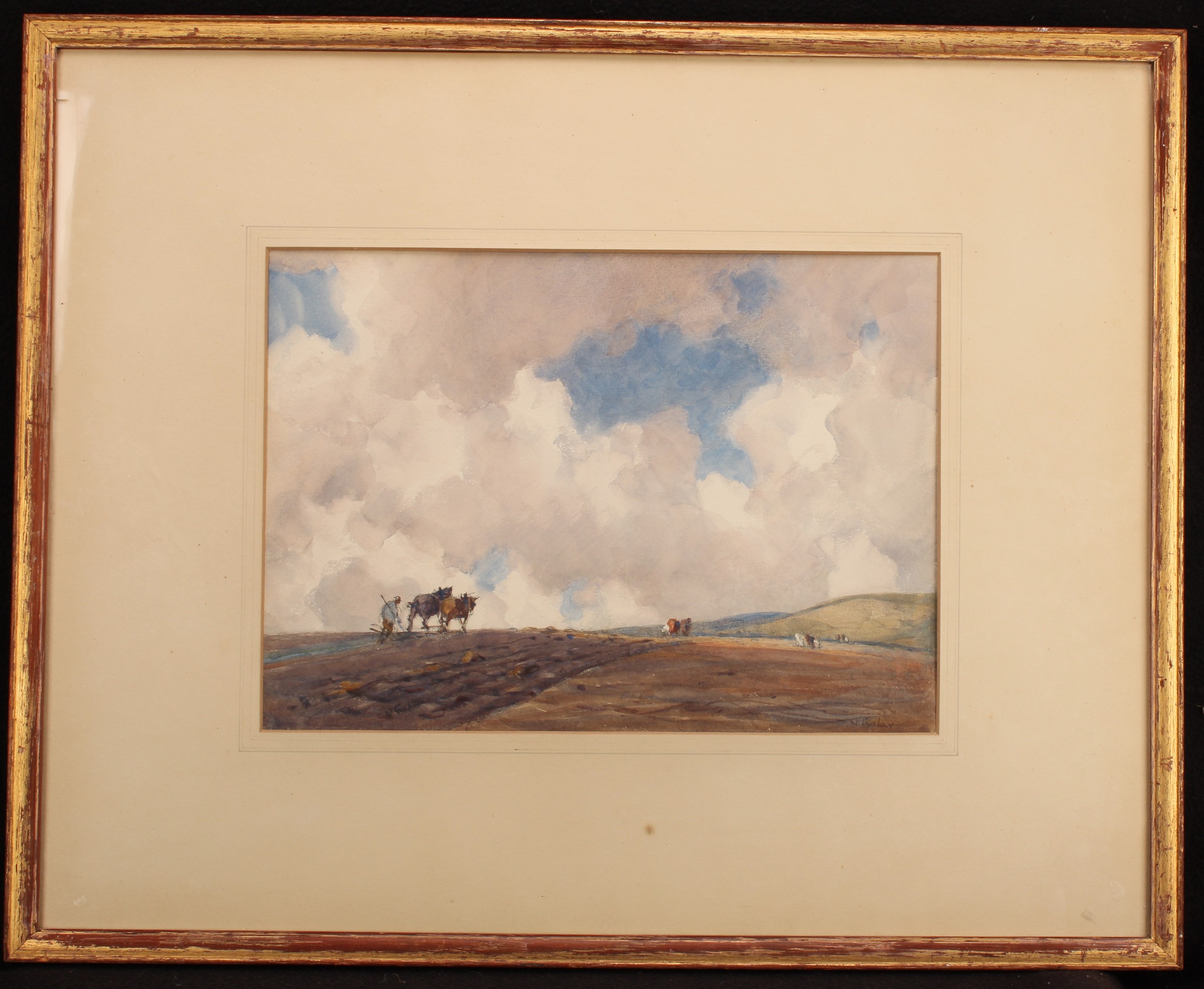 Joseph Henry Vignoles Fisher (1864-1945) Ploughing on the South Downs, signed, watercolour, 26.5cm x - Image 2 of 4