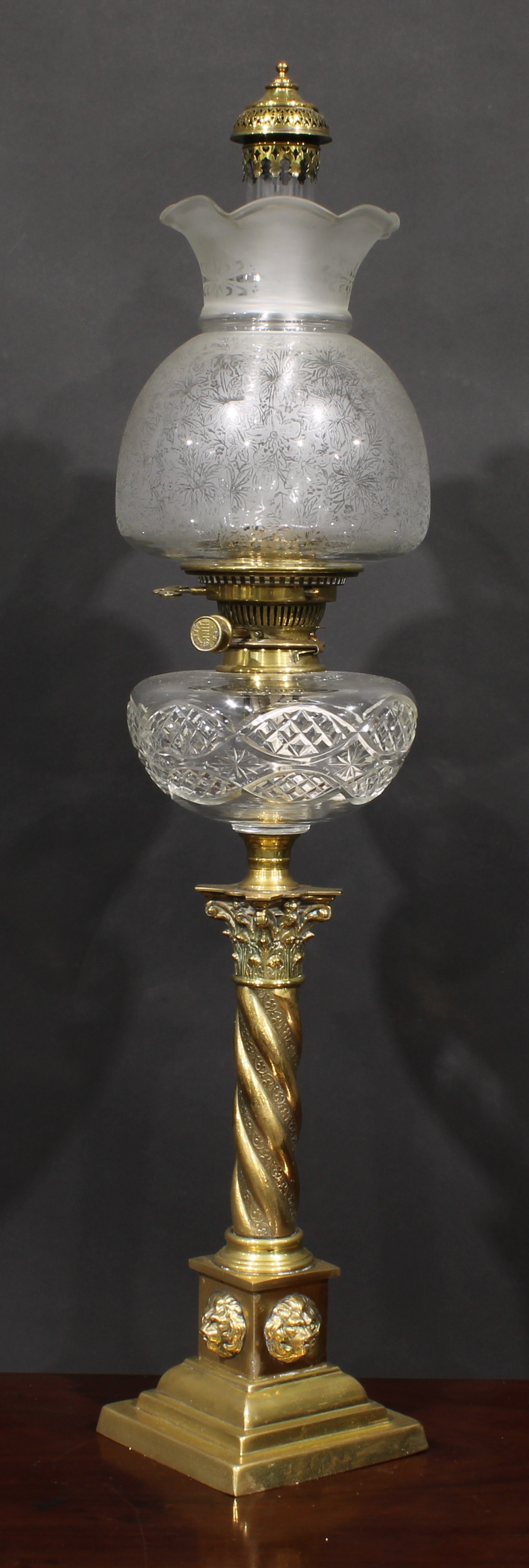 A 19th century brass oil lamp, clear cut glass font, Hinks No.2 Safety twin burner, ovoid frosted - Image 2 of 2