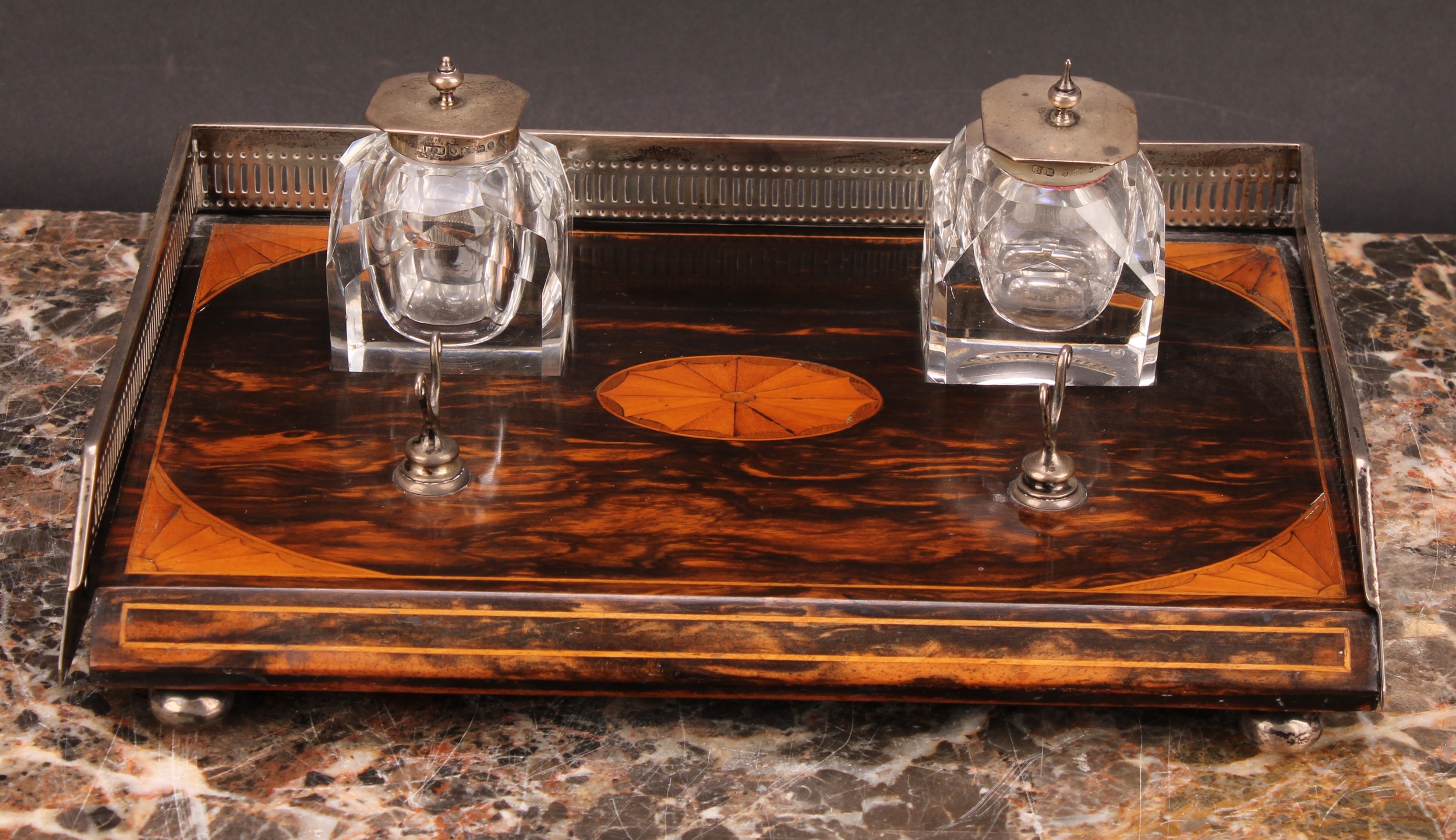 A Victorian silver mounted coromandel and marquetry inkstand, pierced three-quarter gallery, cut - Image 2 of 5