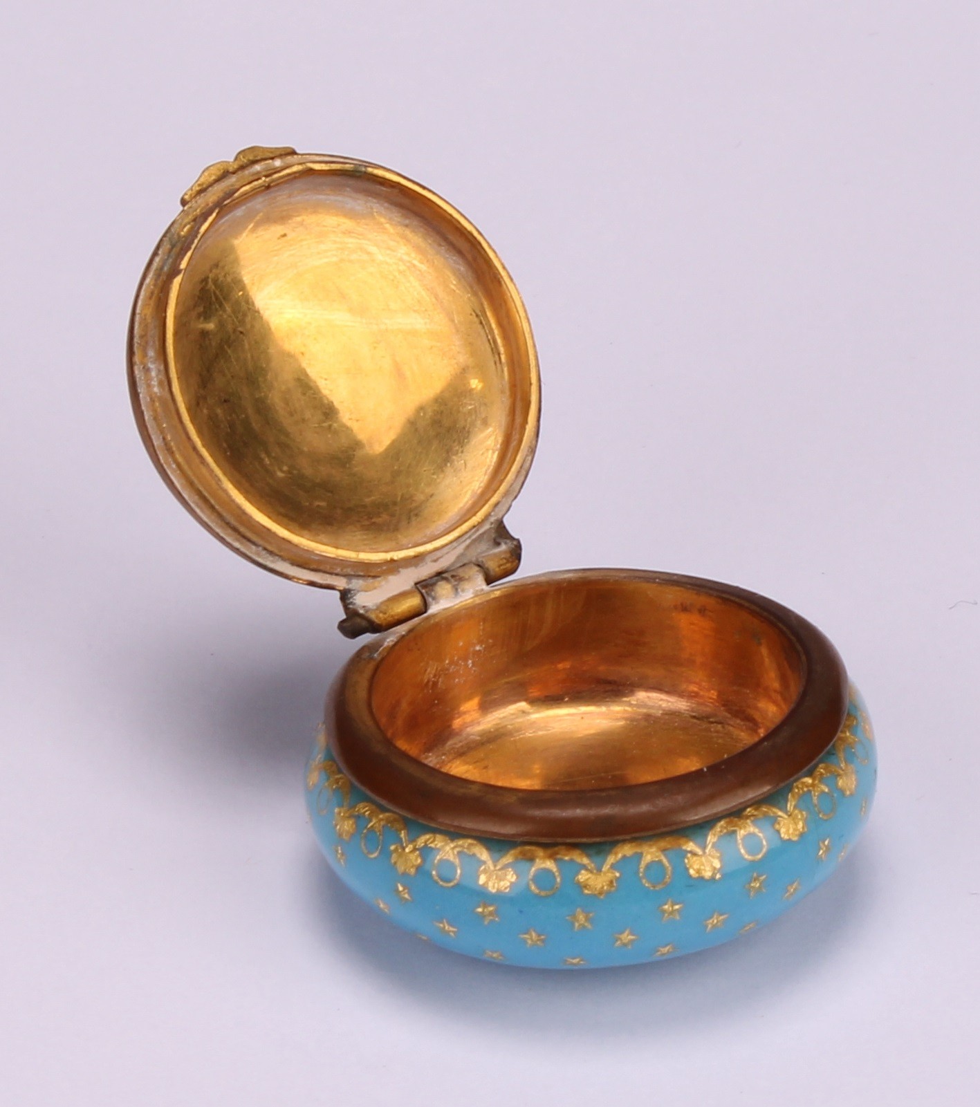 A 19th century French Palais Royal enamel circular rouge box, hinged cover decorated with a swallow, - Image 4 of 5