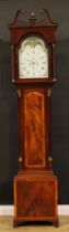 A Regency satinwood crossbanded mahogany longcase clock, 33cm arched painted dial inscribed John