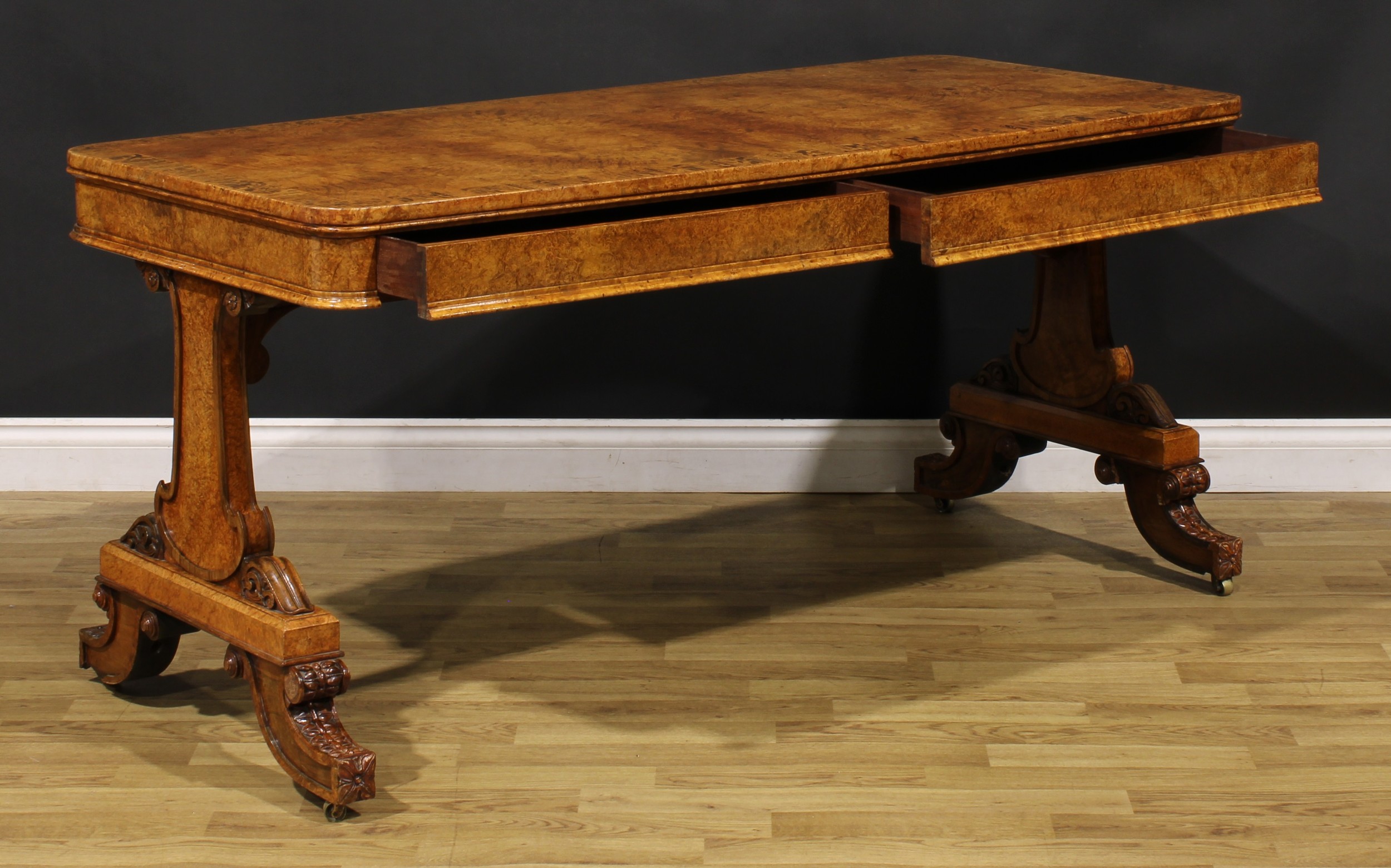A William IV burr walnut and zebrawood marquetry library table, in the manner of George Bullock, - Image 4 of 6