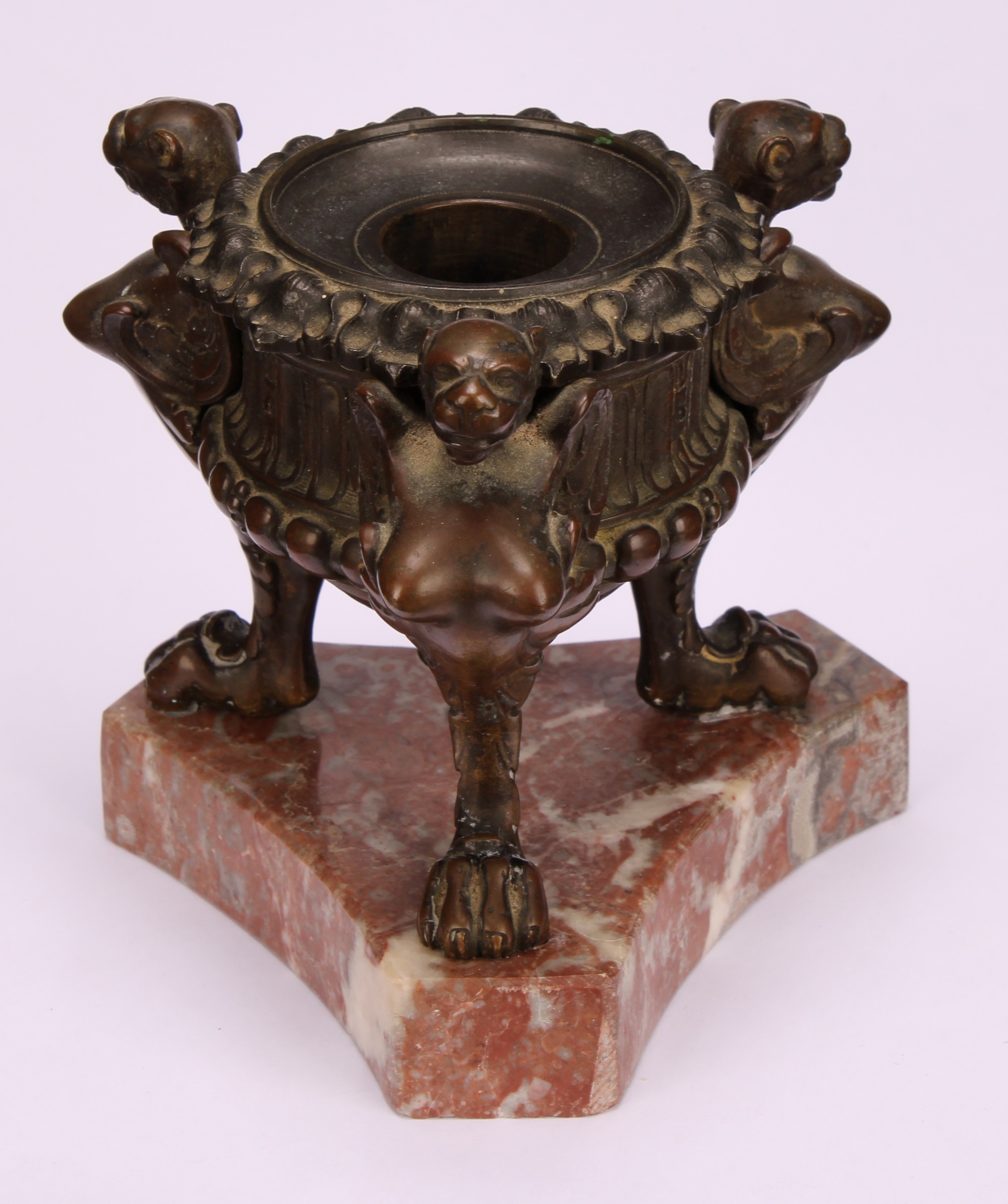 A 19th century brown patinated bronze tripod inkwell, cast in the Grand Tour taste with winged - Image 3 of 3