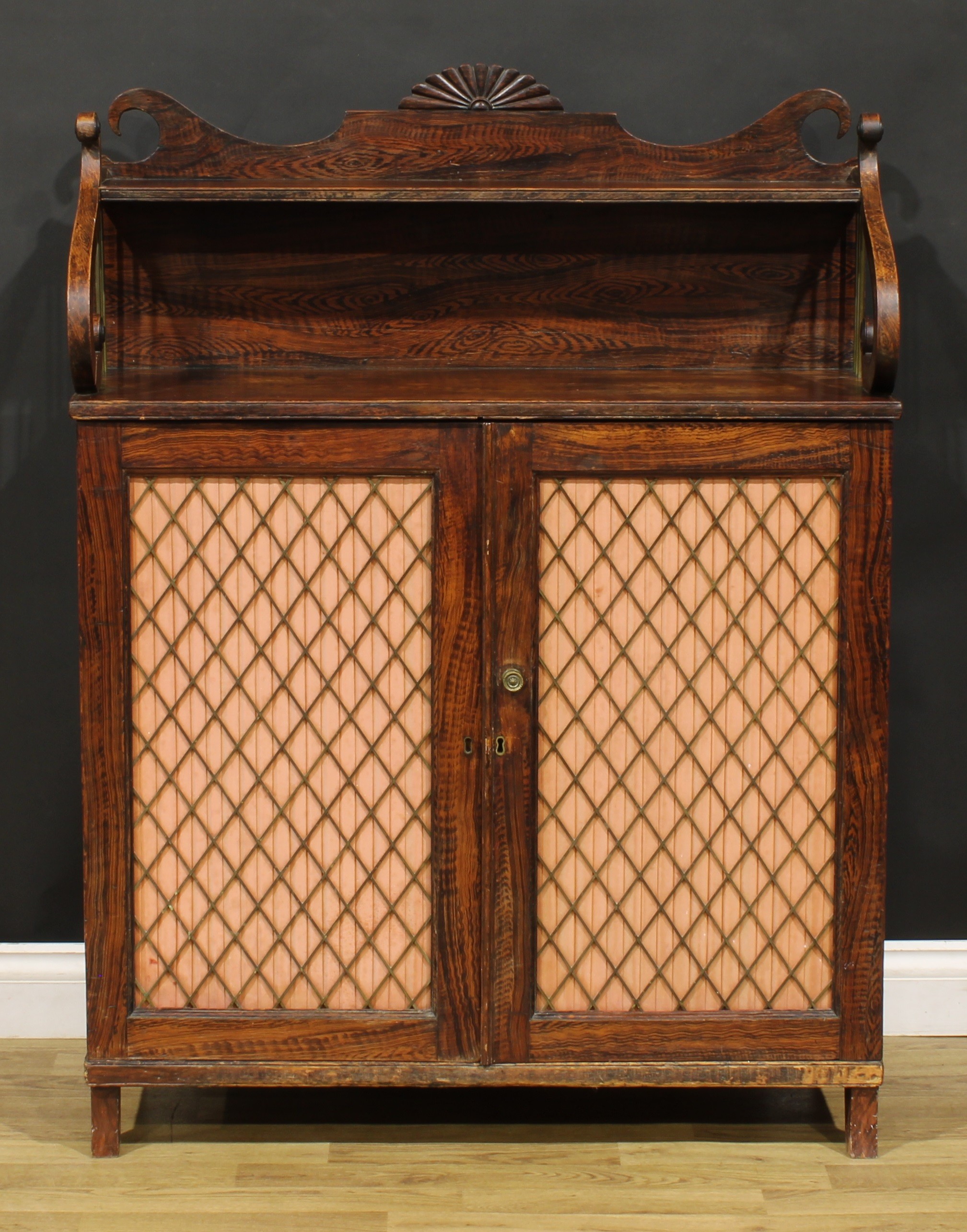 An unusual George IV simulated rosewood chiffonier, shaped superstructure with shallow shelf, - Image 2 of 5