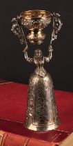 A Continental silver wager cup, of Renaissance figural design, 21.5cm high, apparently unmarked,