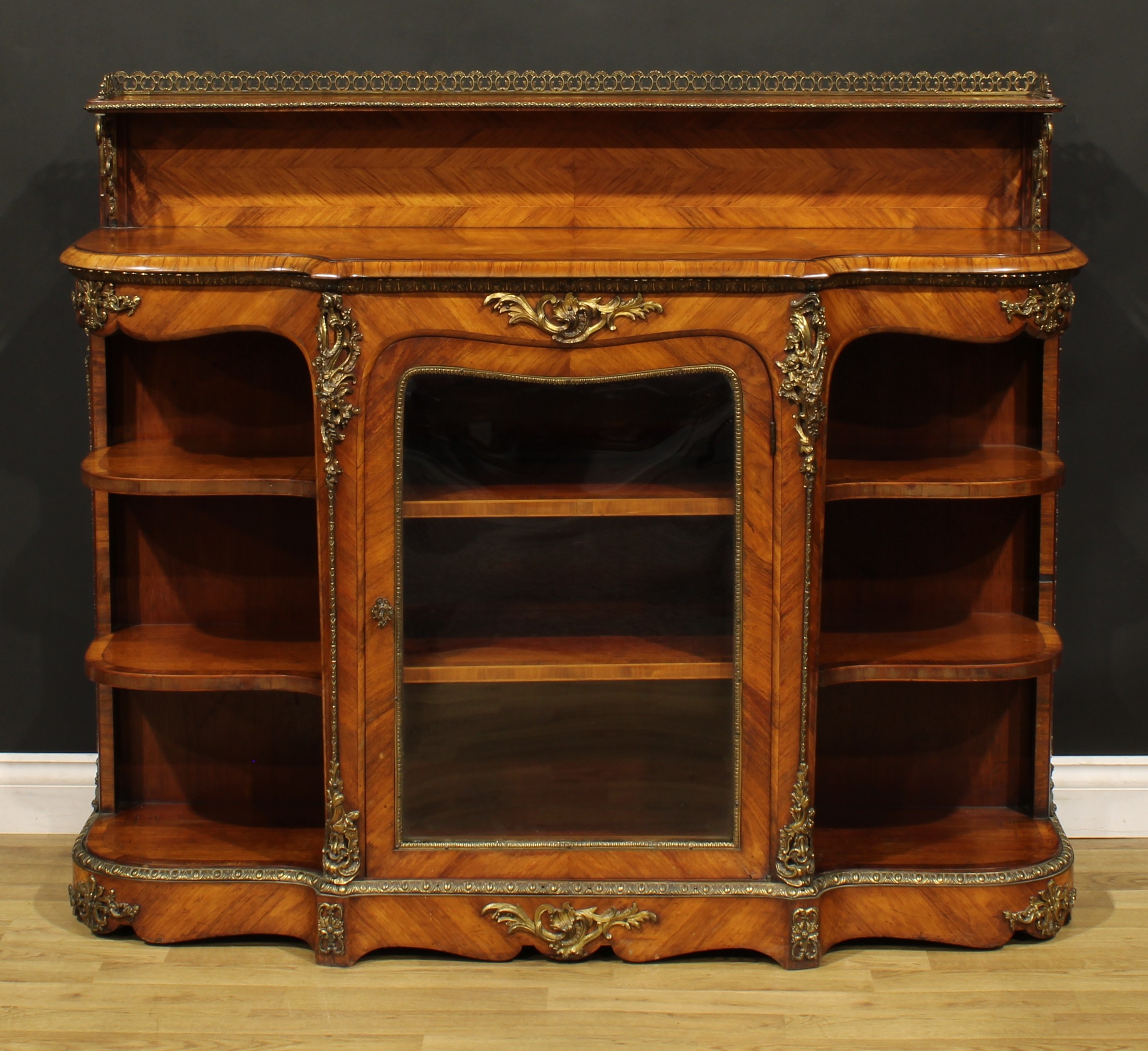 A Victorian gilt metal mounted walnut credenza or side cabinet, slightly oversailing top with - Bild 2 aus 3