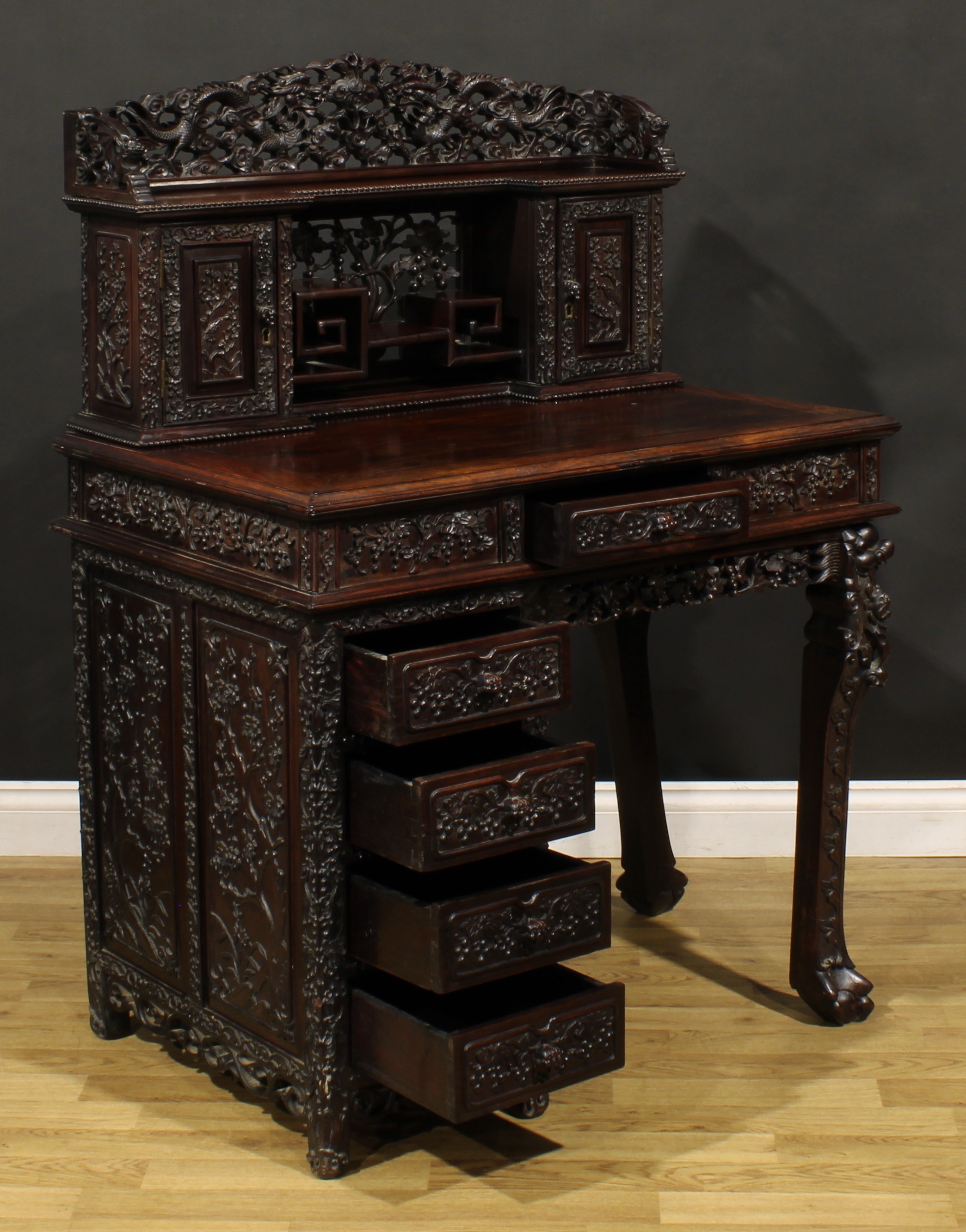 A Chinese export hardwood desk, inverted break-centre superstructure with shaped three-quarter - Image 4 of 5