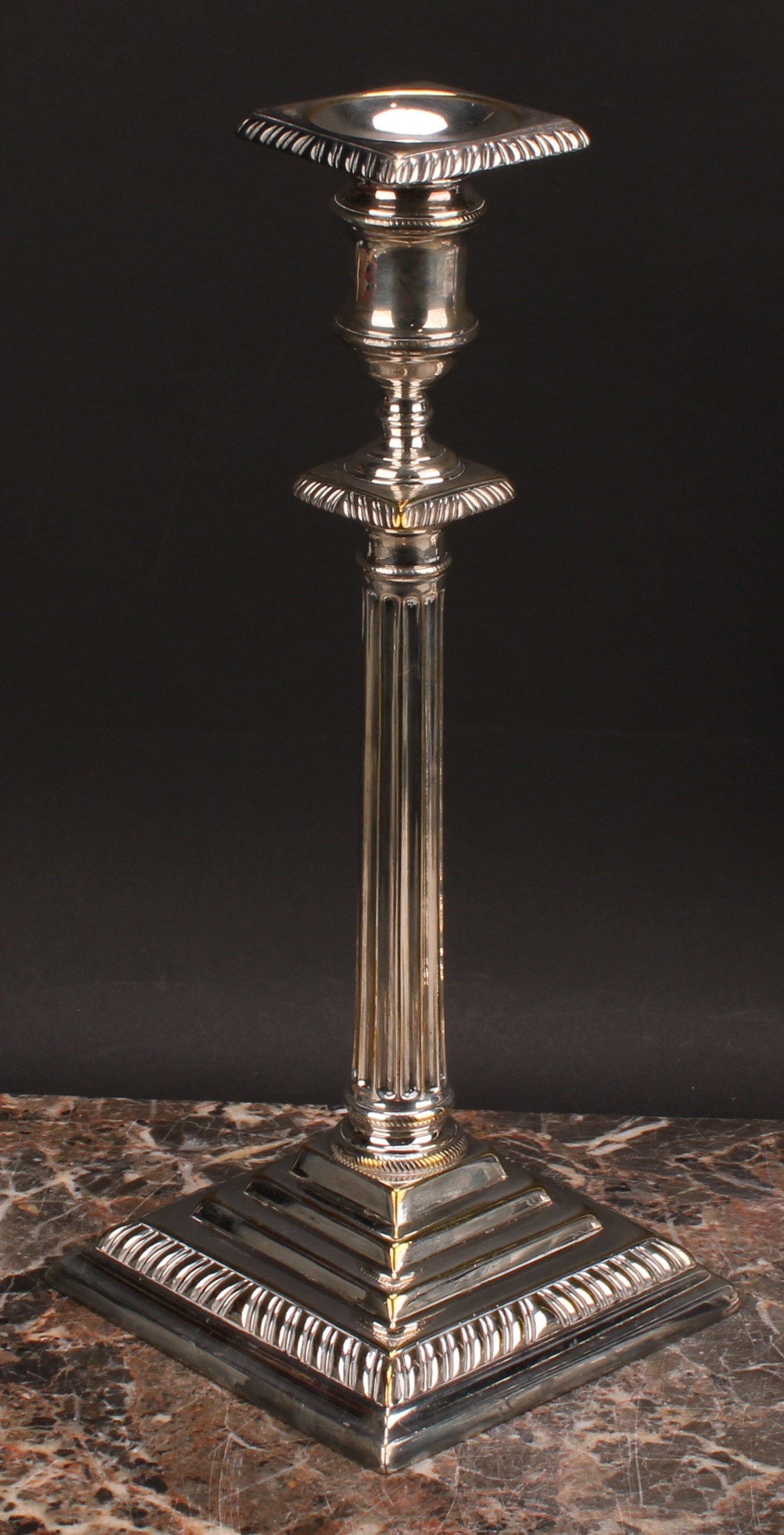 A pair of George III 'Teutonic' German silver plated or paktong table candlesticks, detachable - Image 4 of 6