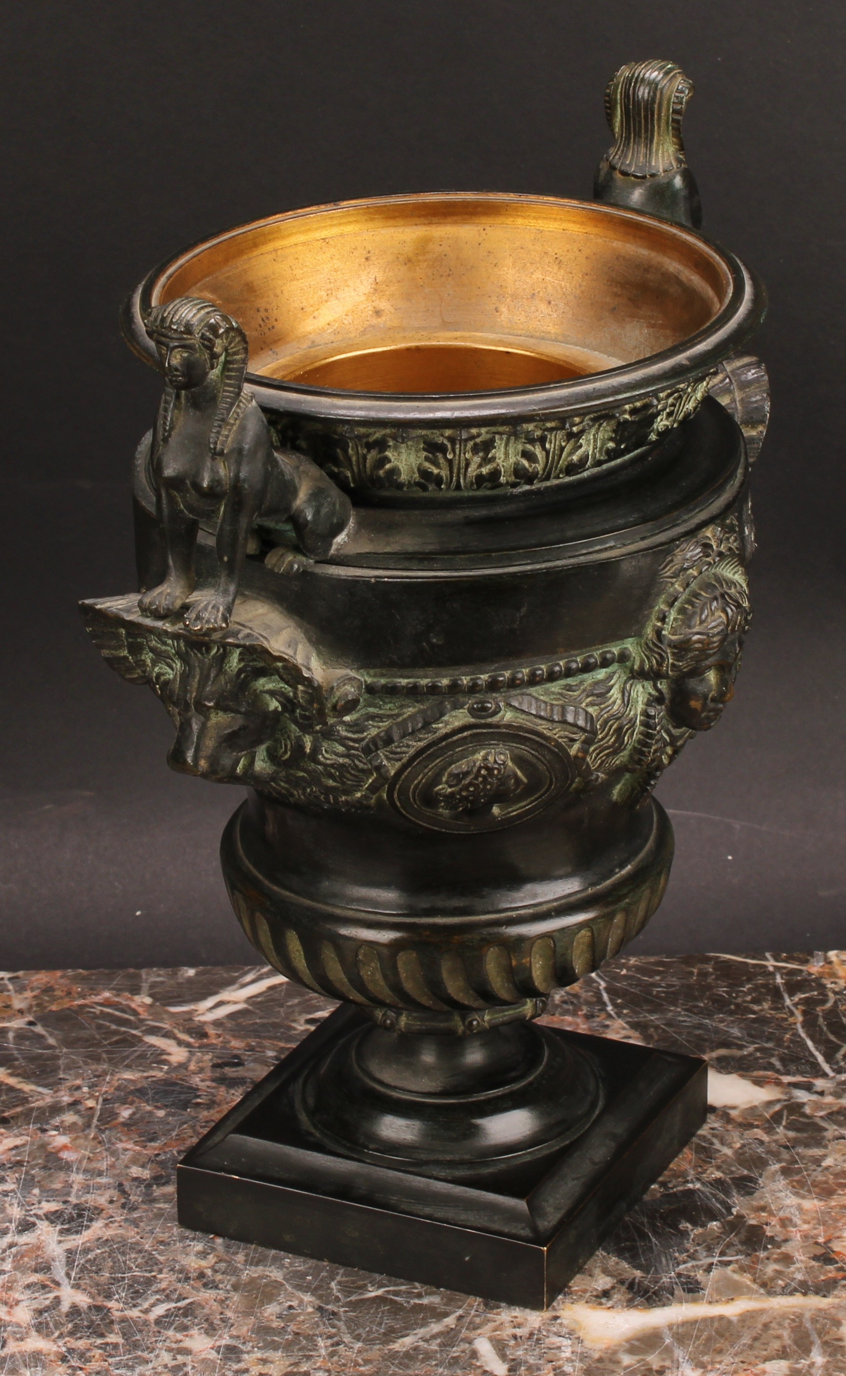 A pair of late 19th century dark patinated bronze urns, cast in the Classical and Egyptian Revival - Image 6 of 6