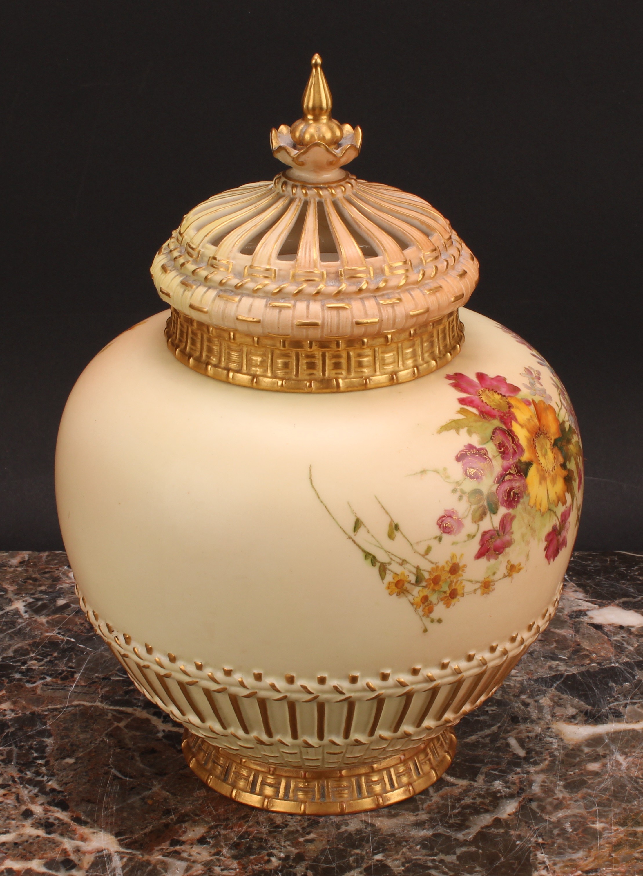 A Royal Worcester parcel-gilt and polychrome painted blush ivory potpourri vase and cover, 26cm - Image 3 of 6