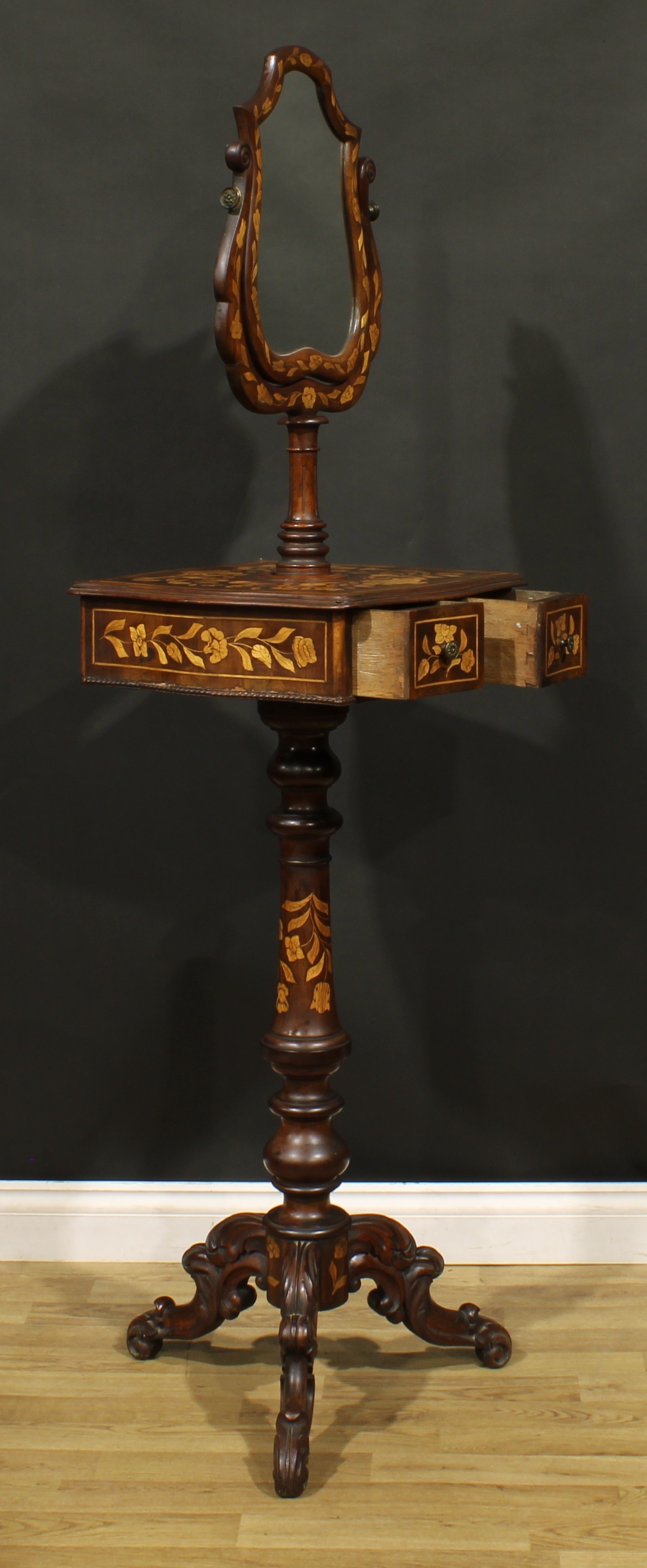 A 19th century Dutch marquetry tripod shaving stand, shaped mirror plate, serpentine square - Image 3 of 5