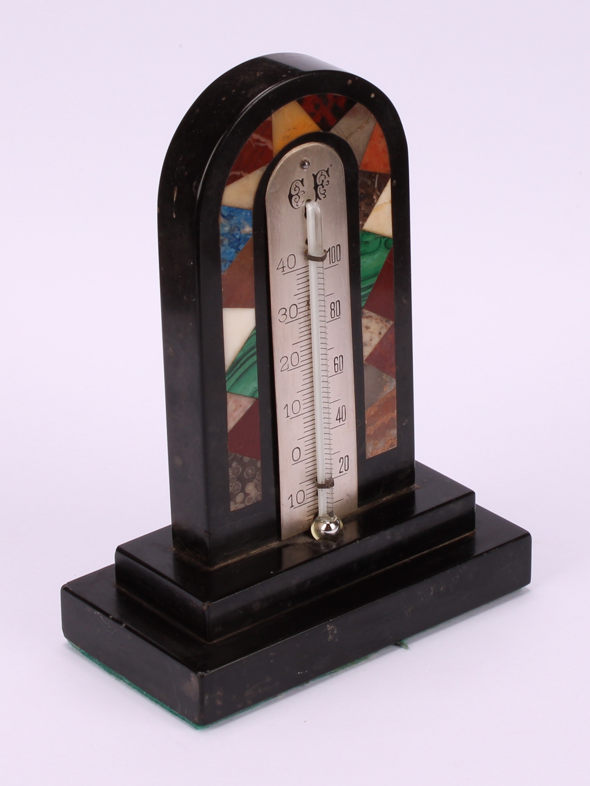A Derbyshire Ashford black marble table-top thermometer, inlaid with malachite, lapis lazuli and - Image 3 of 3