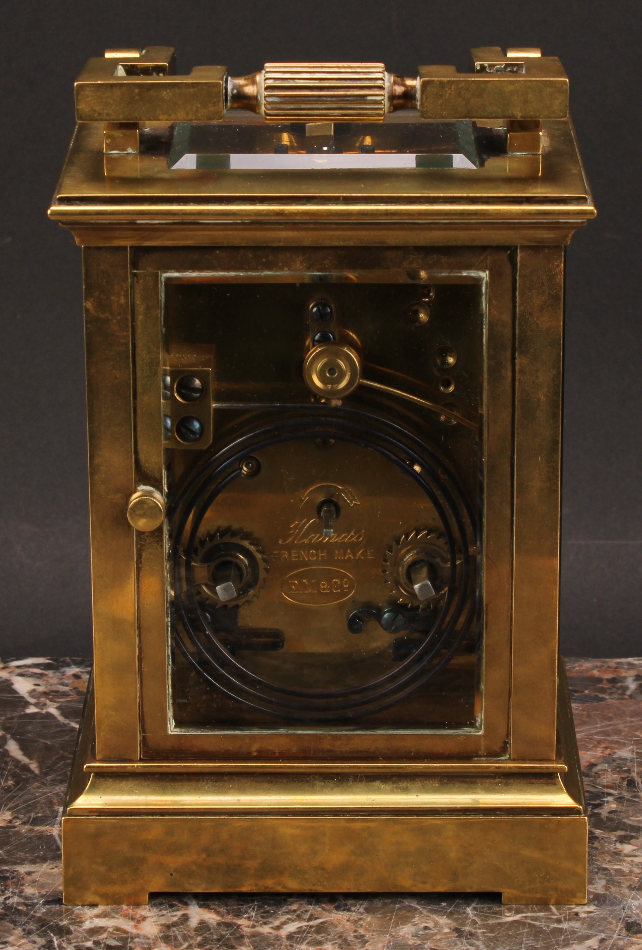 A large 19th century lacquered brass repeater carriage clock, 7cm silvered and bi-colour gilt dial - Image 5 of 6