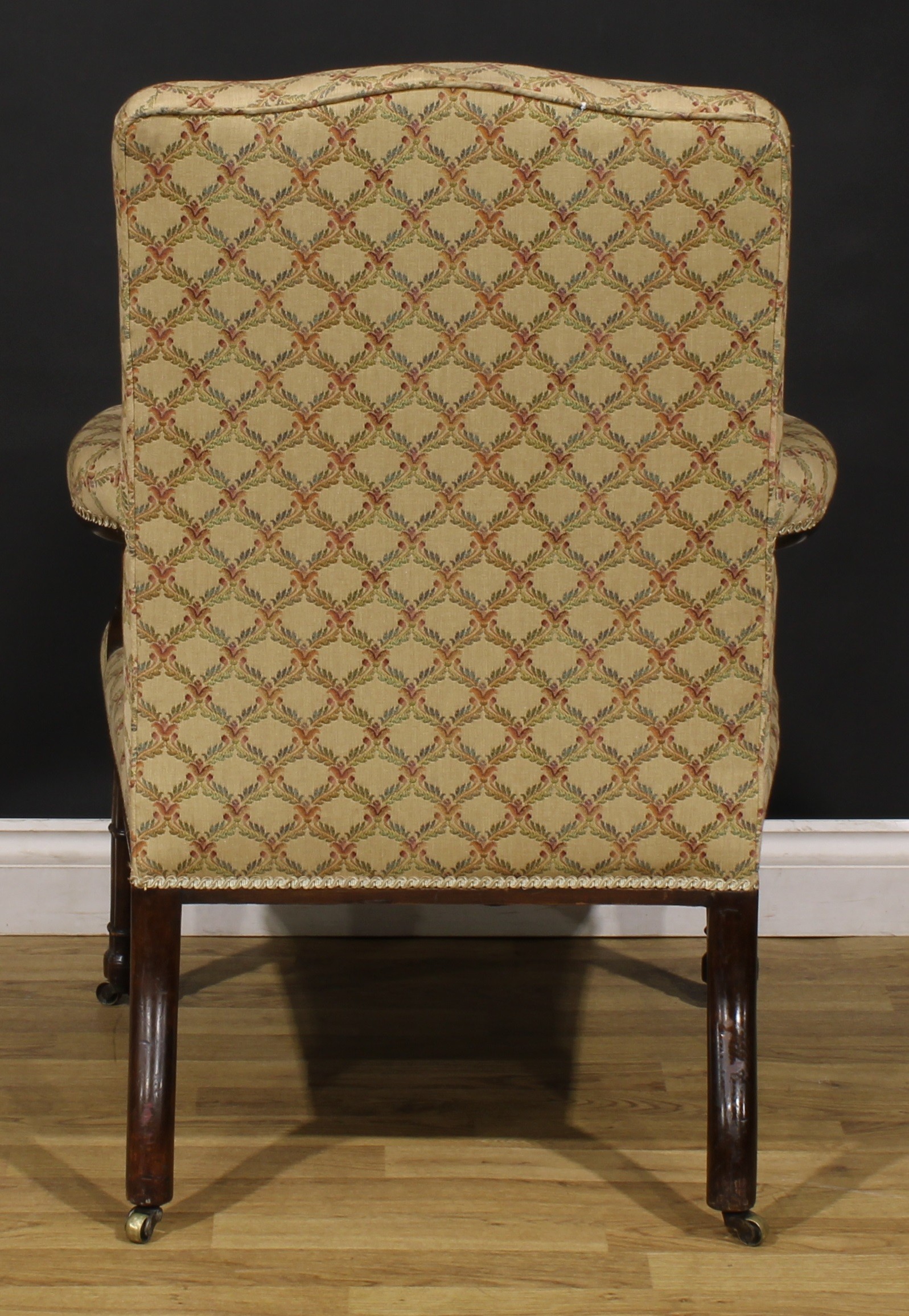 A 19th century French Hepplewhite Revival elbow chair, stuffed-over upholstery, scroll hand rests, - Image 4 of 4