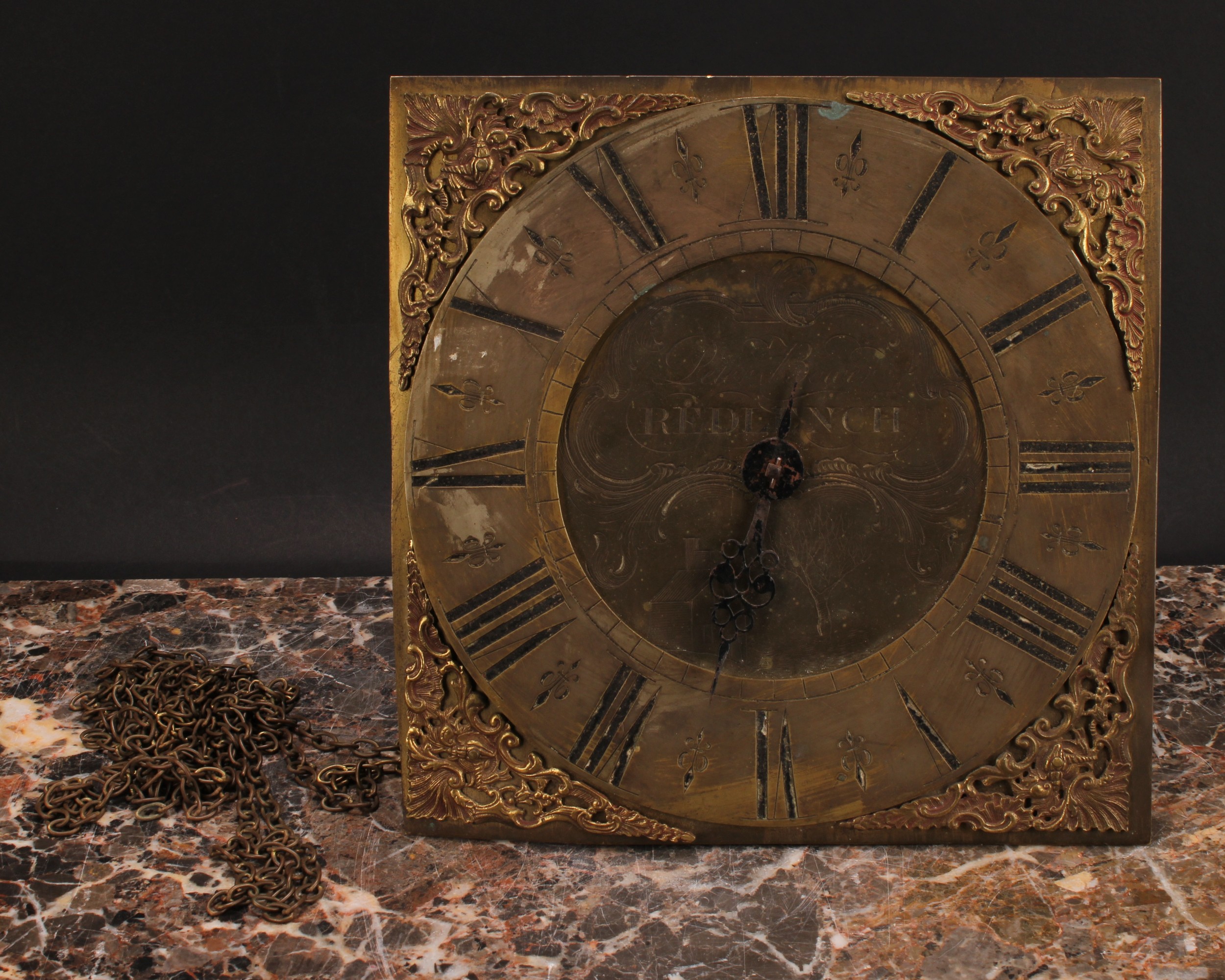 An 18th century brass wall or longcase clock movement, 25.5cm brass dial inscribed Peter Bower,