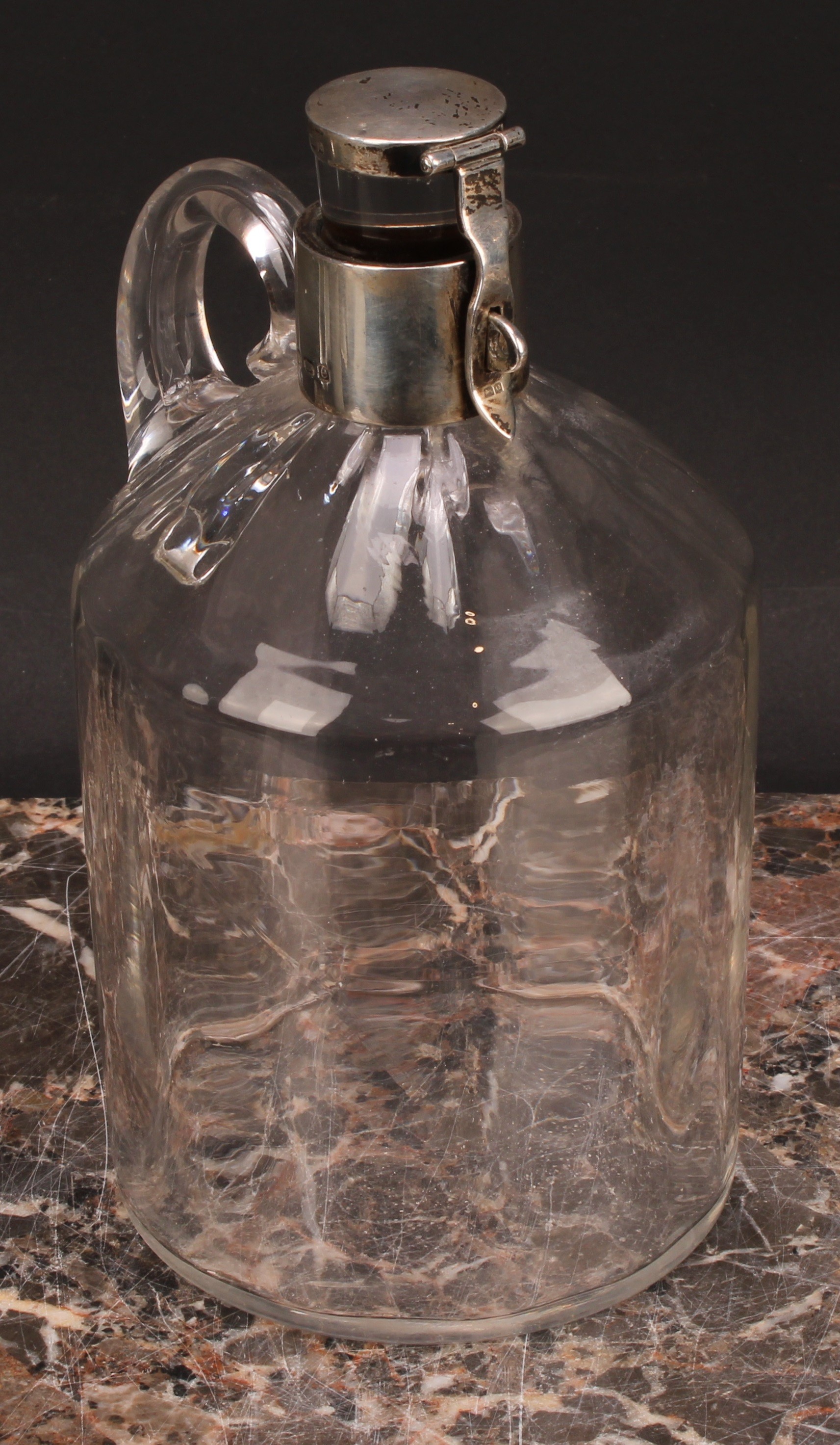 An Arts and Crafts period flagon-form lockable decanter, loop handle, 19cm high, Heath & - Image 3 of 6