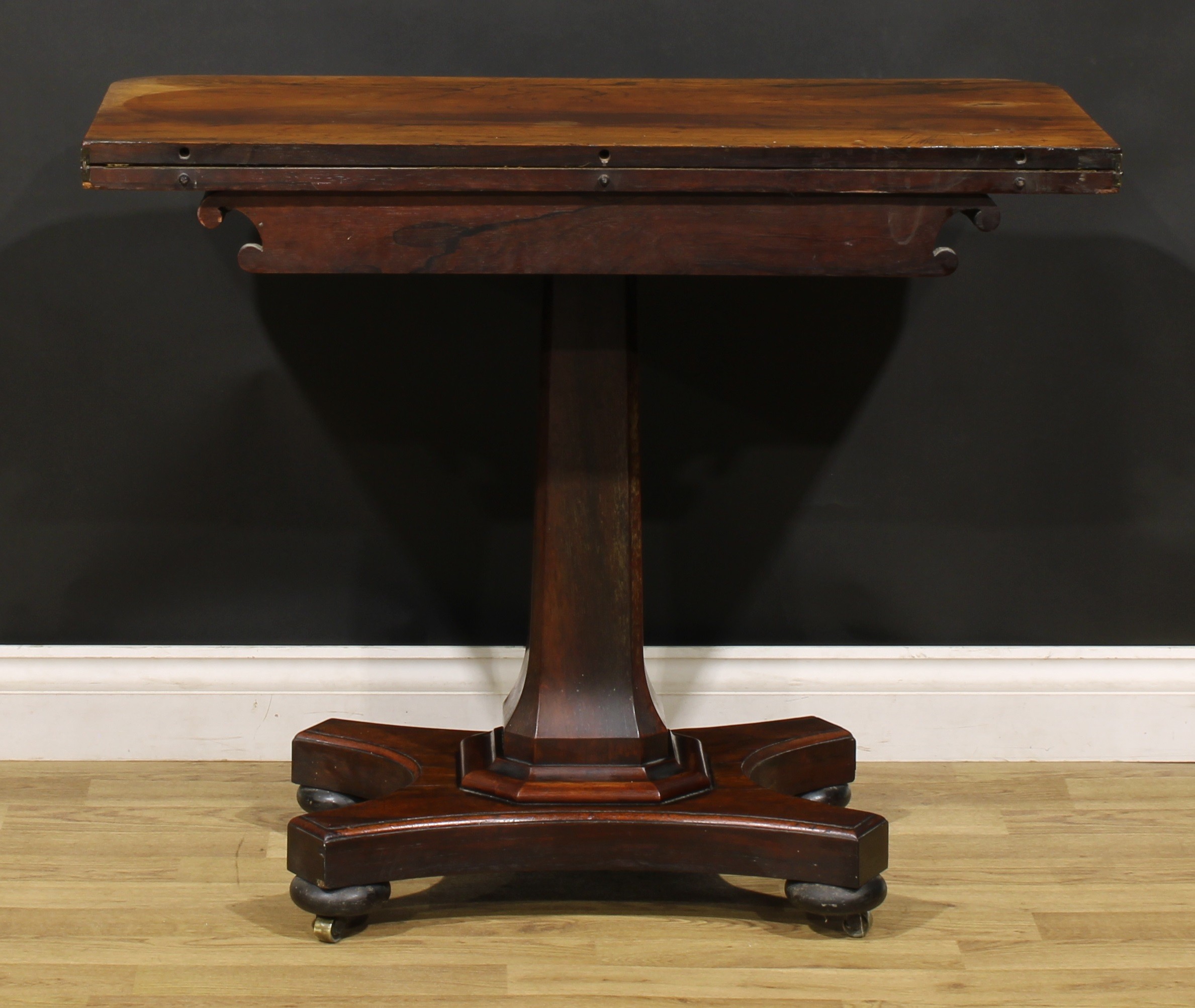 A William IV rosewood card table, rounded rectangular folding top above a frieze carved with leafy - Image 5 of 5