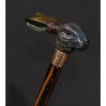 An early 20th century novelty walking stick, the handle finely carved as the head of a hare, gilt
