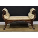 An American Empire Revival neoclassical mahogany window seat, Récamier-form arms carved as