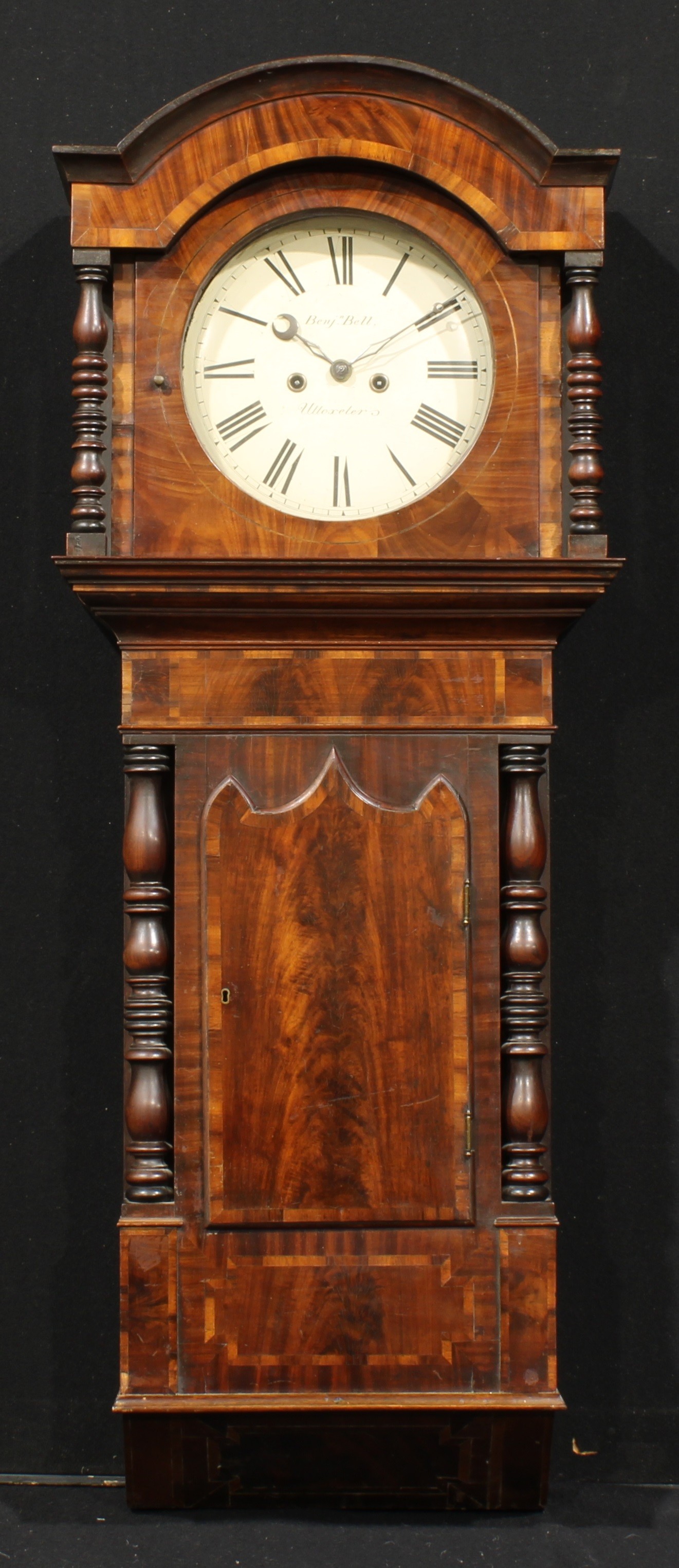 An early Victorian Staffordshire rosewood crossbanded mahogany halfcase hooded wall clock, 30.5cm