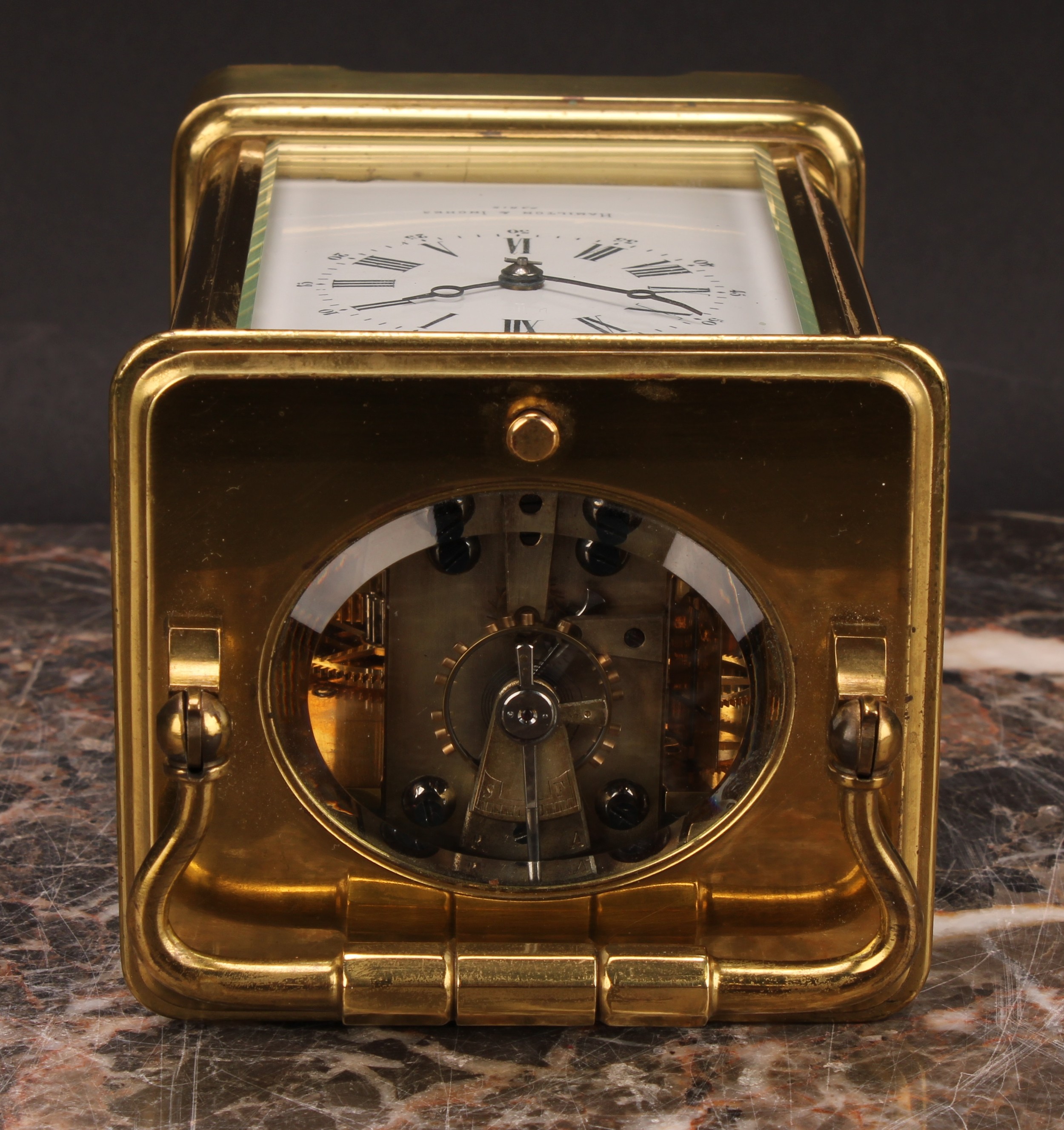 An early 20th century brass repeater carriage clock, 6cm enamel dial inscribed HAMILTON & INCHES - Image 6 of 6