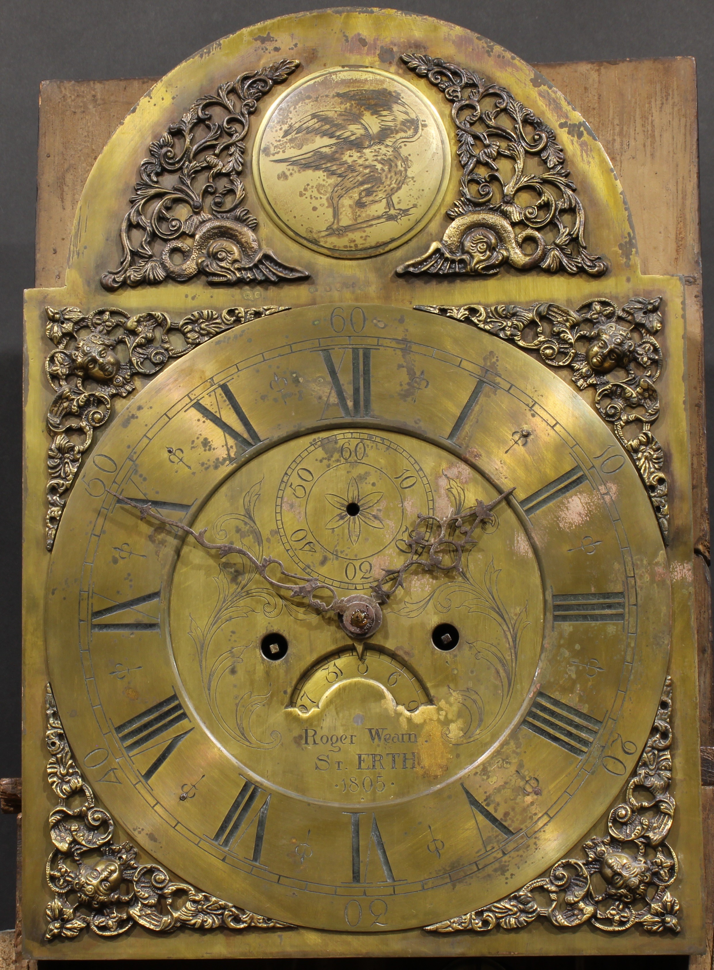 A George III Cornish oak and mahogany longcase clock, 33cm arched brass dial inscribed Roger - Image 4 of 6