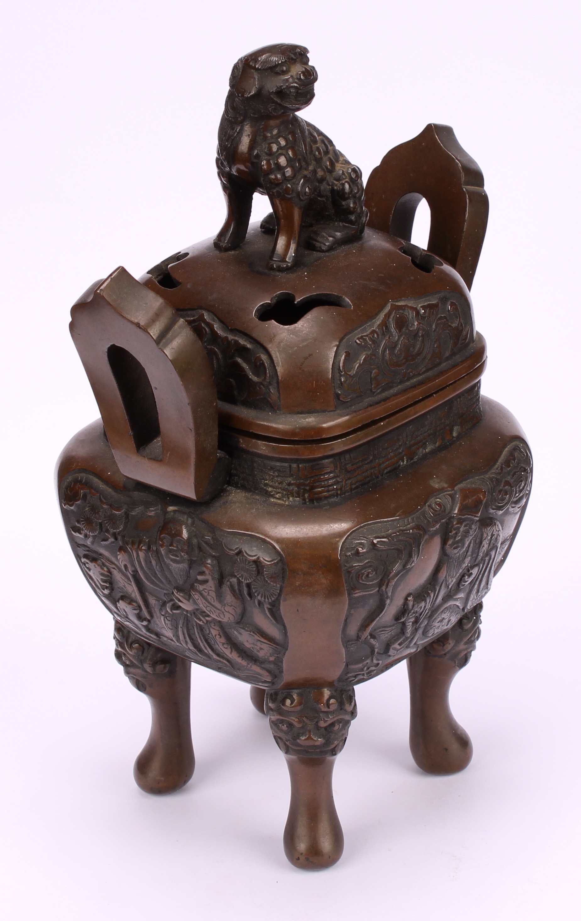 A Chinese bronze censer and cover, surmounted by a temple lion, cast with scholars, shaped loop - Image 3 of 5
