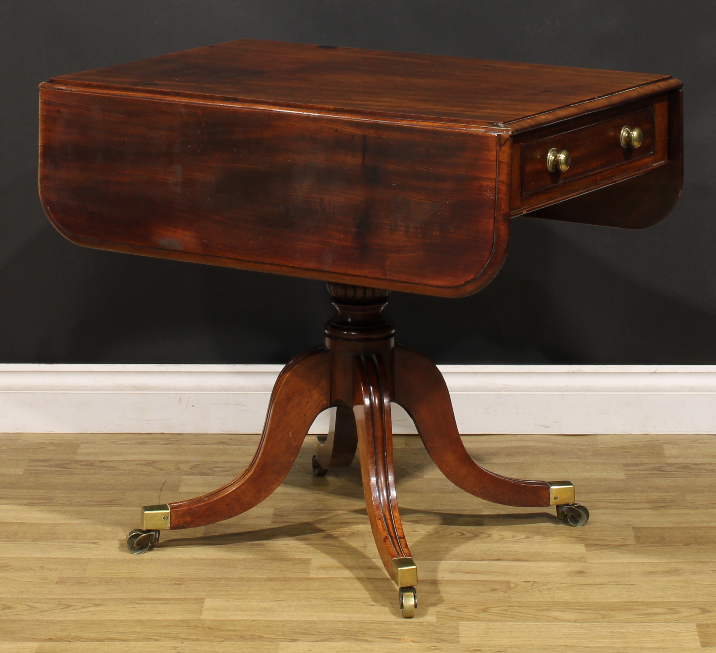 A Post-Regency mahogany Pembroke table, rounded rectangular top with moulded edge above a single - Image 4 of 5