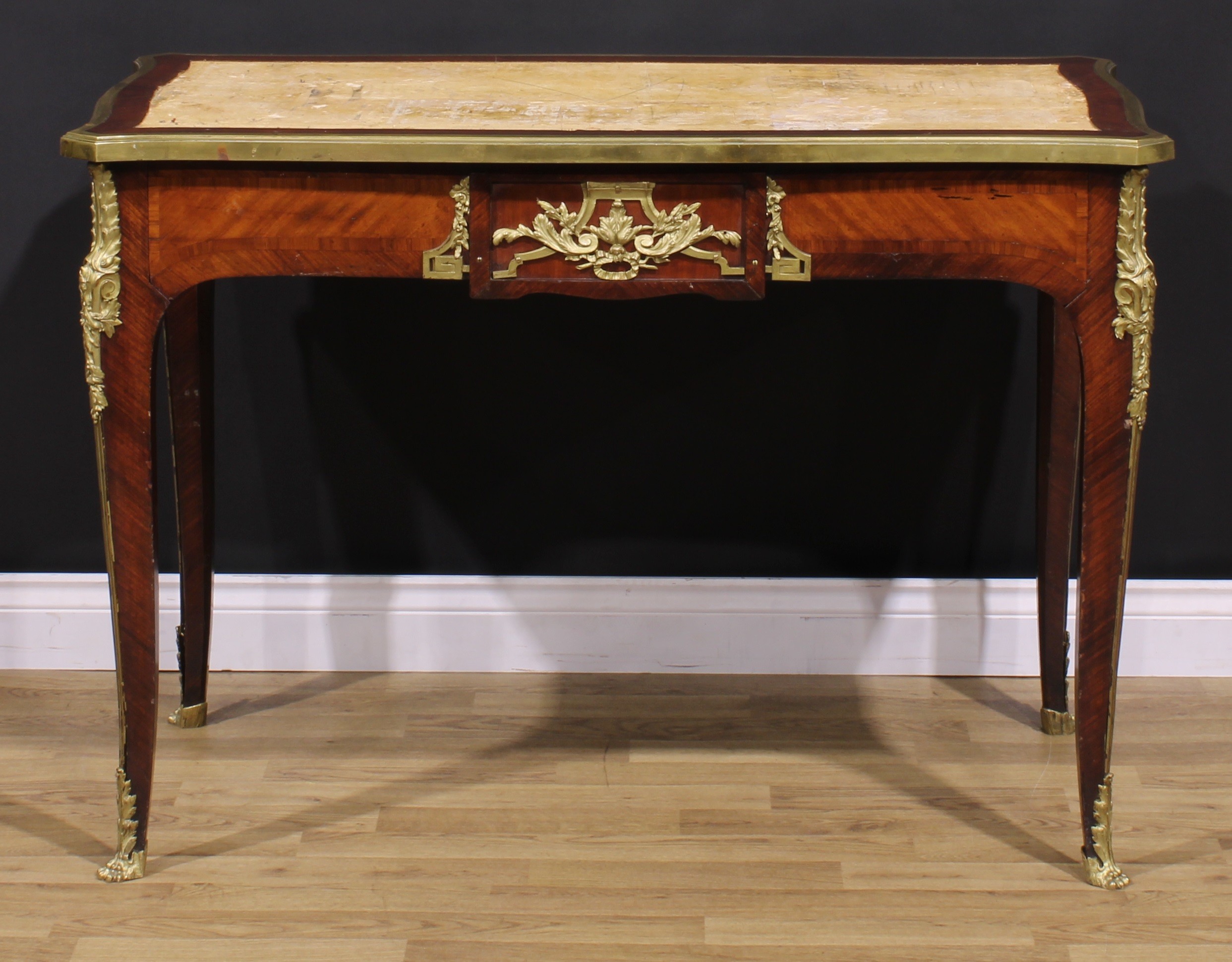 A French Louis XV Revival gilt metal mounted rosewood and kingwood bureau plat, slightly oversailing - Image 2 of 6