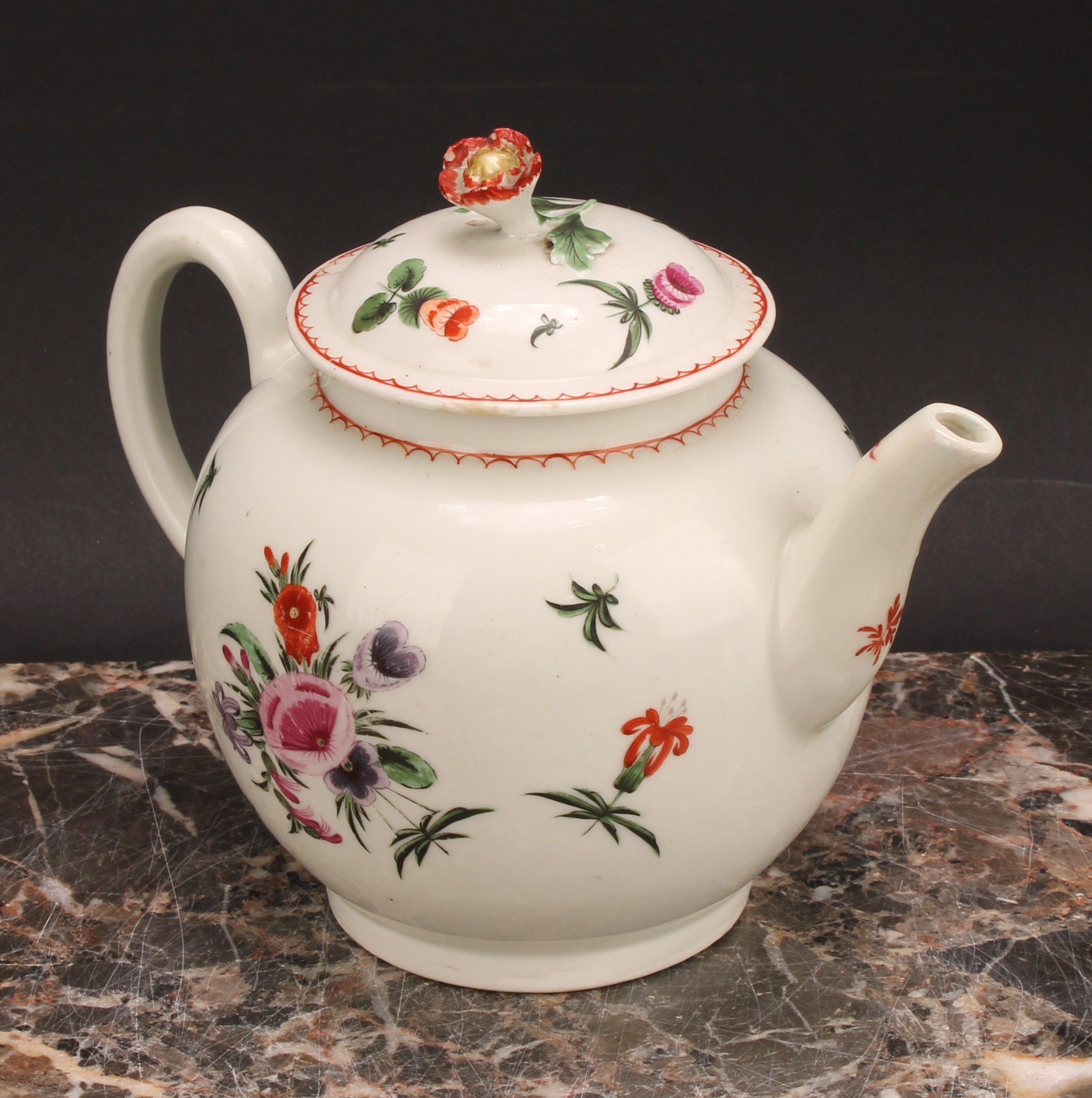 A Worcester globular teapot and cover, painted with floral bouquets and sprigs in polychrome, line - Image 4 of 5