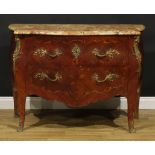 A Louis XV Revival gilt metal mounted kingwood and marquetry bombe commode, marble top above two