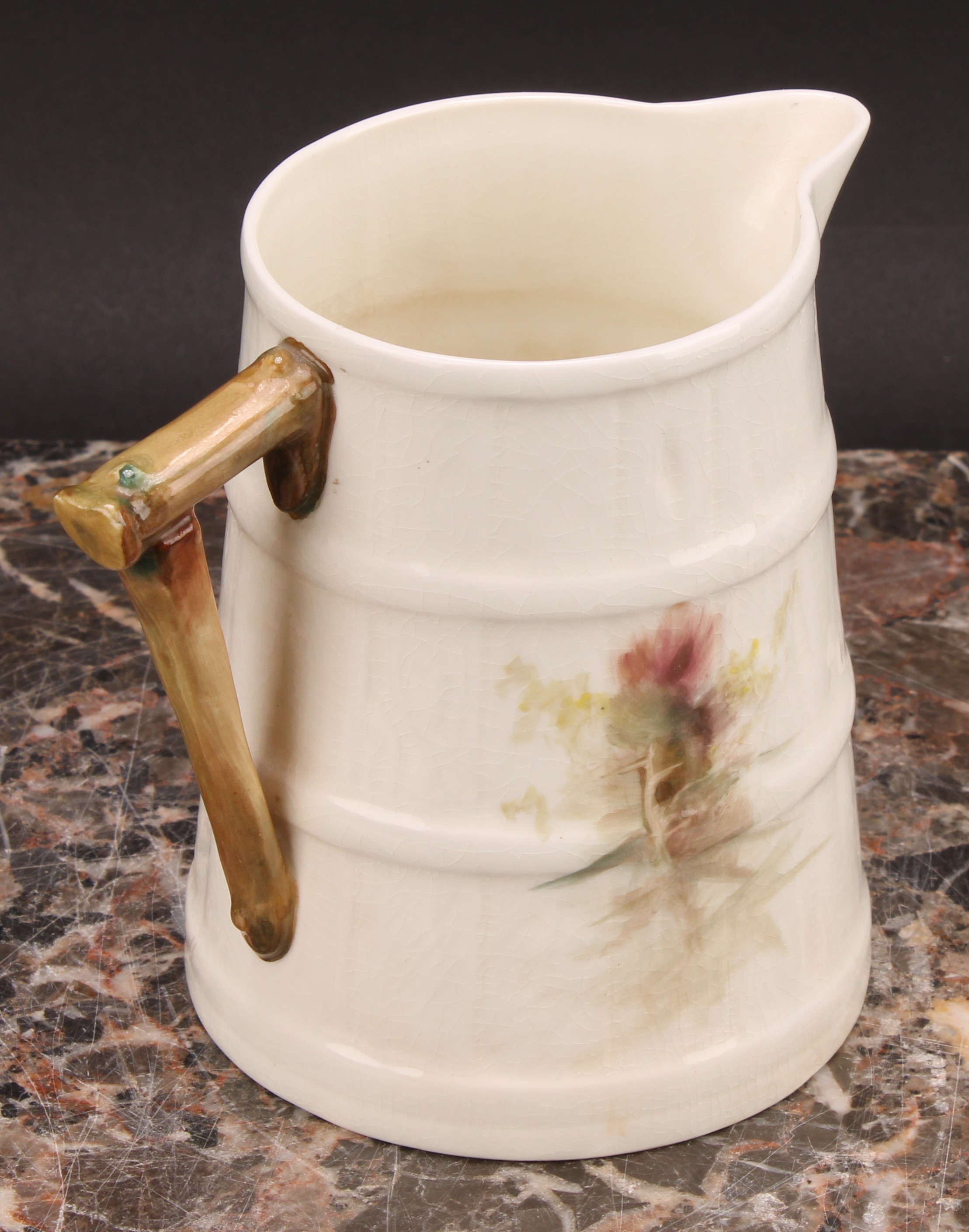 A Royal Worcester barrel shaped jug, painted by W. Powell, signed, with a Goldfinch, 11cm high, - Image 4 of 17