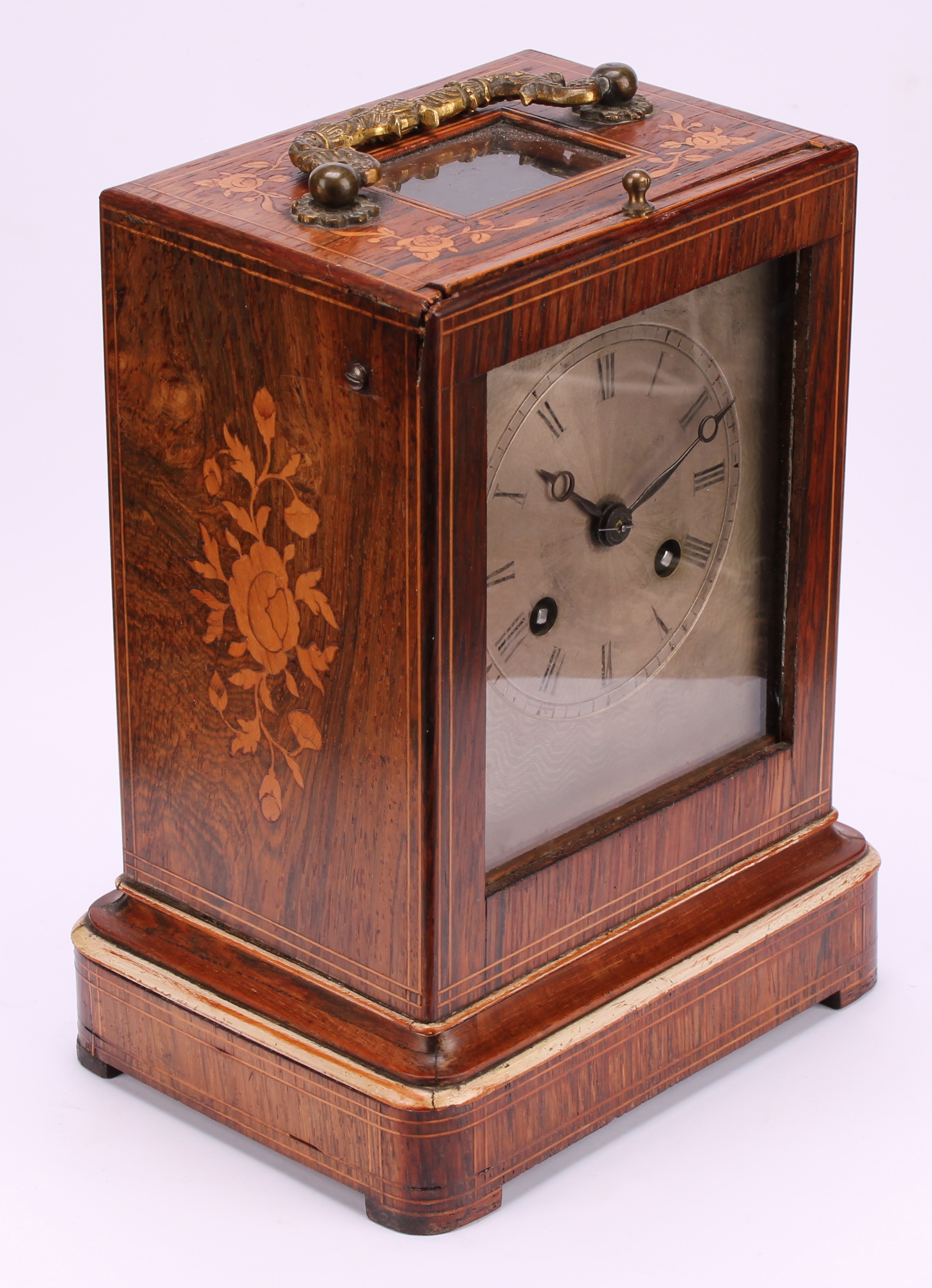 A 19th century French rosewood and marquetry mantel clock, 9.5cm silvered dial inscribed with - Image 3 of 4