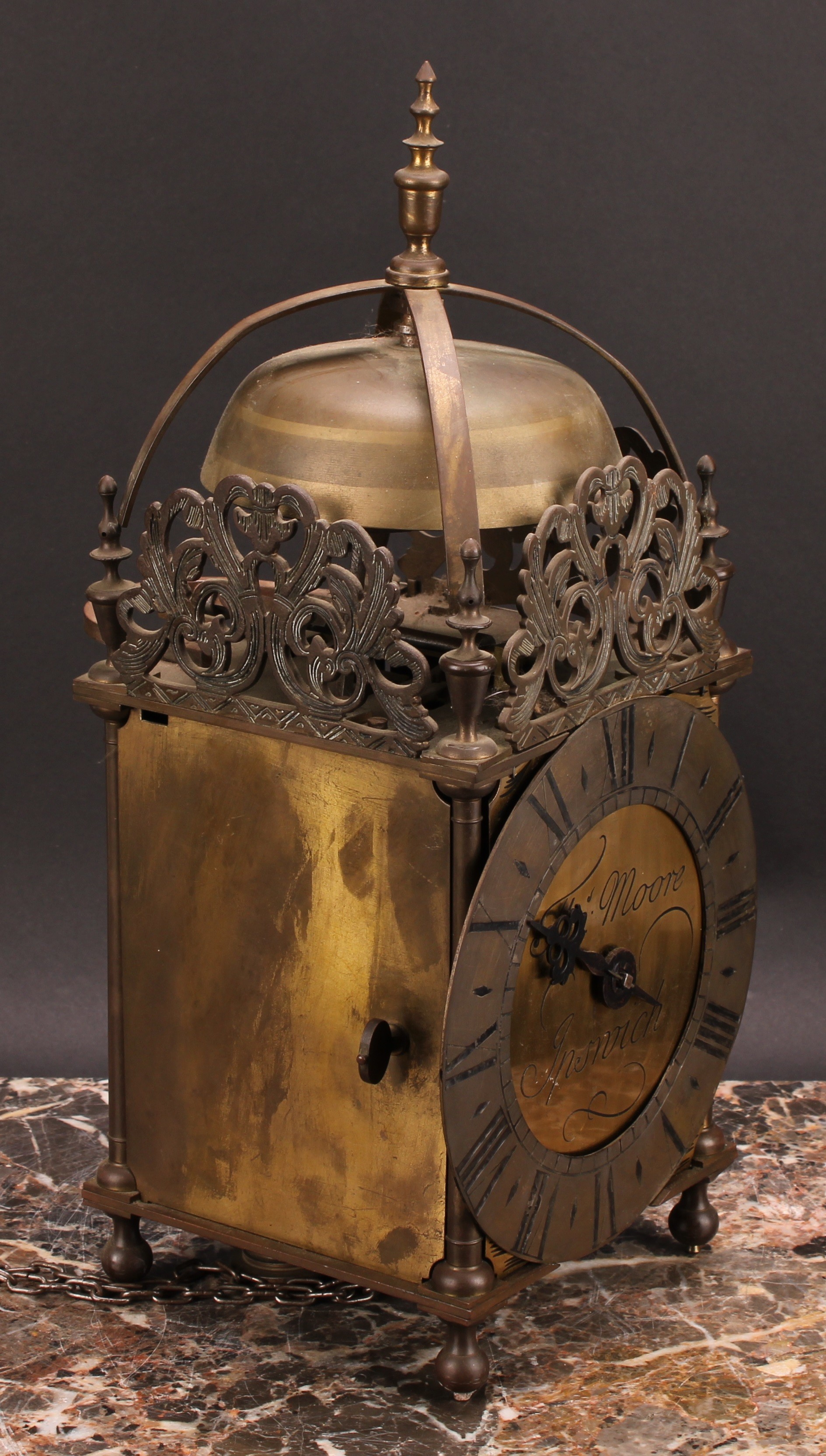 An early 18th century style brass lantern clock, 17cm dial inscribed Thomas Moore, Ipswich, Roman - Image 2 of 5